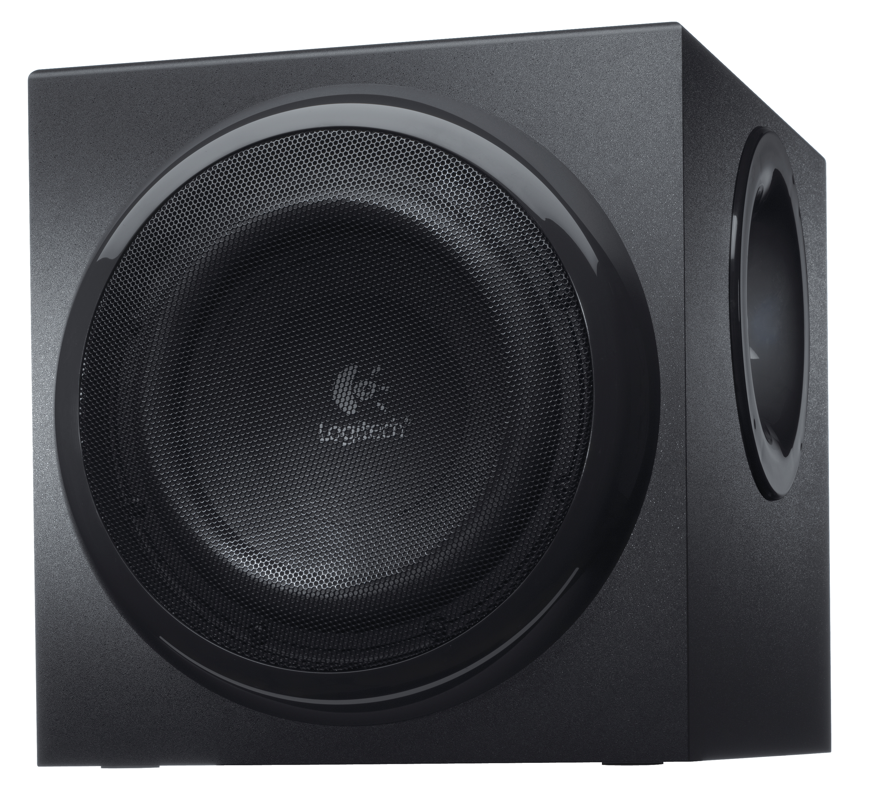 Ein schwarzer Logitech-Subwoofer in Quaderform mit grossem vorderem Lautsprecher.