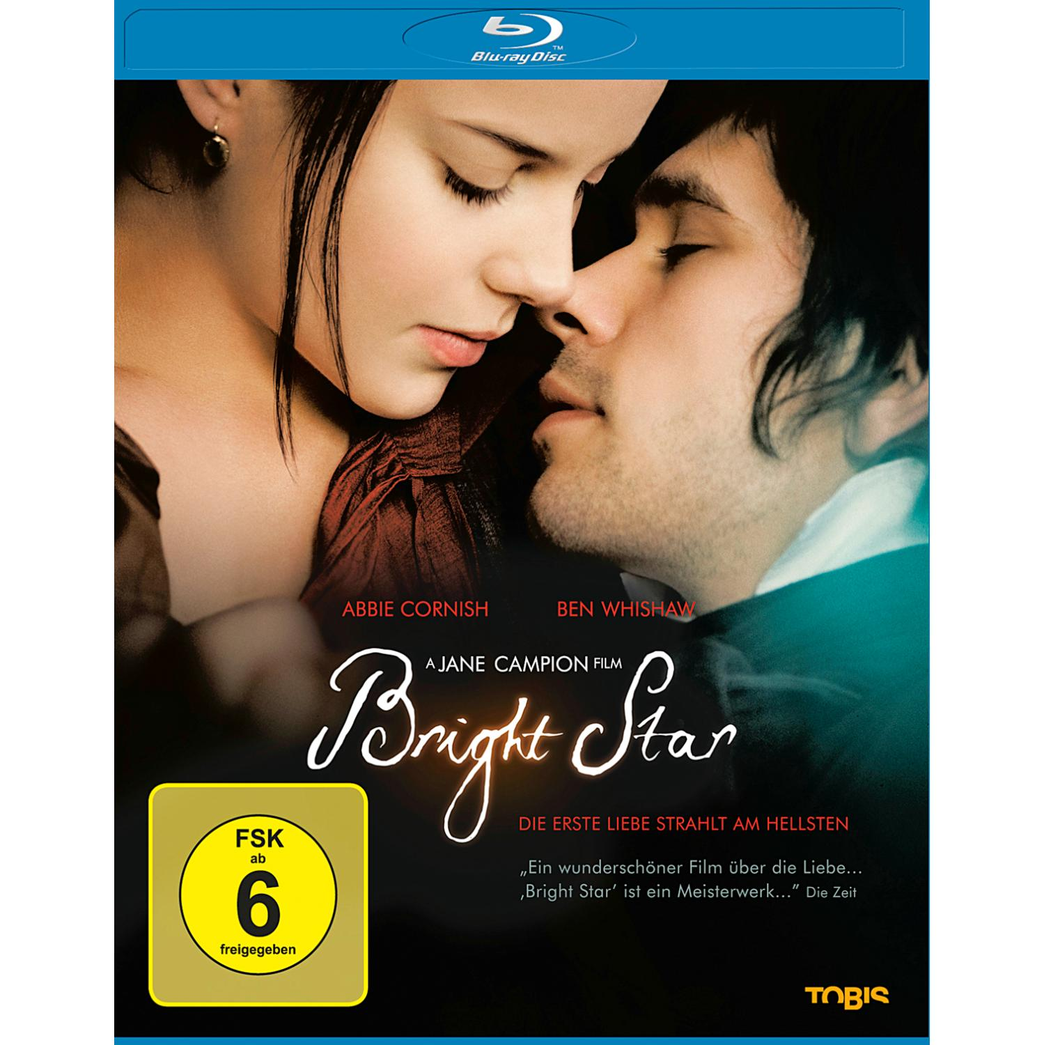 DVD-Cover für 'Bright Star' mit einem sich umarmenden Paar und einem Bewertungsetikett.