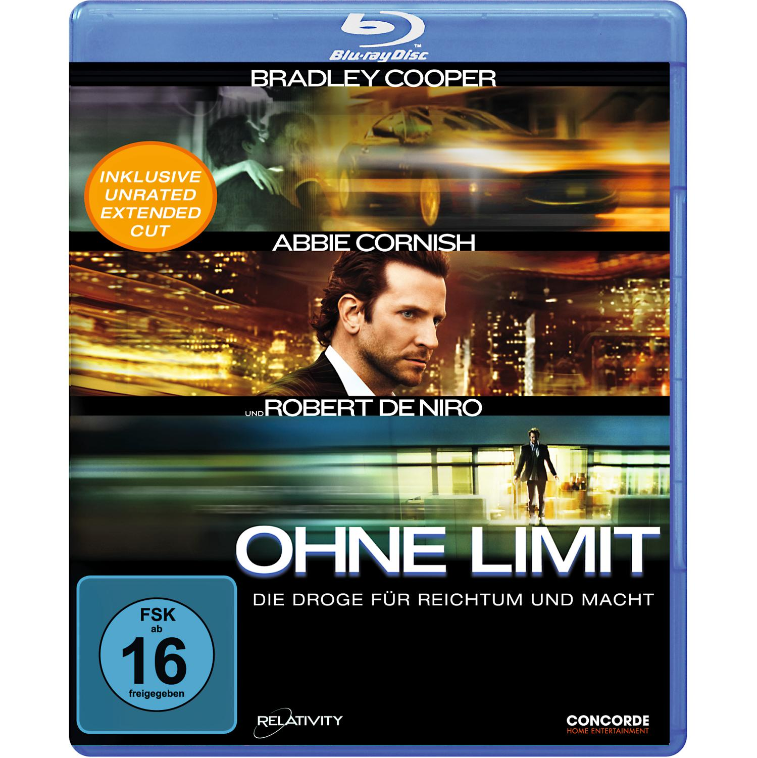 DVD-Cover für 'Ohne Limit'. Bradley Cooper und Robert De Niro sind zu sehen. Blauer Hintergrund. Der Titel ist weiß.