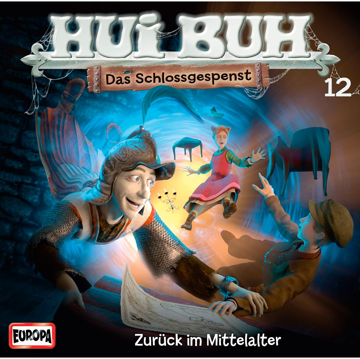 CD-Hülle mit Zeichentrickfiguren und Text. Blaue, rosa und gelbe Farben.