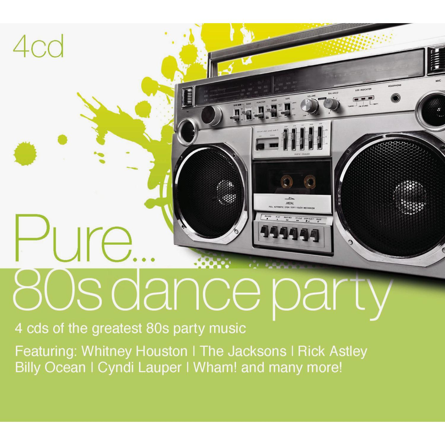 Albumcover für Pure... 80s Dance Party. Auf der rechten Seite befindet sich ein Ghettoblaster.