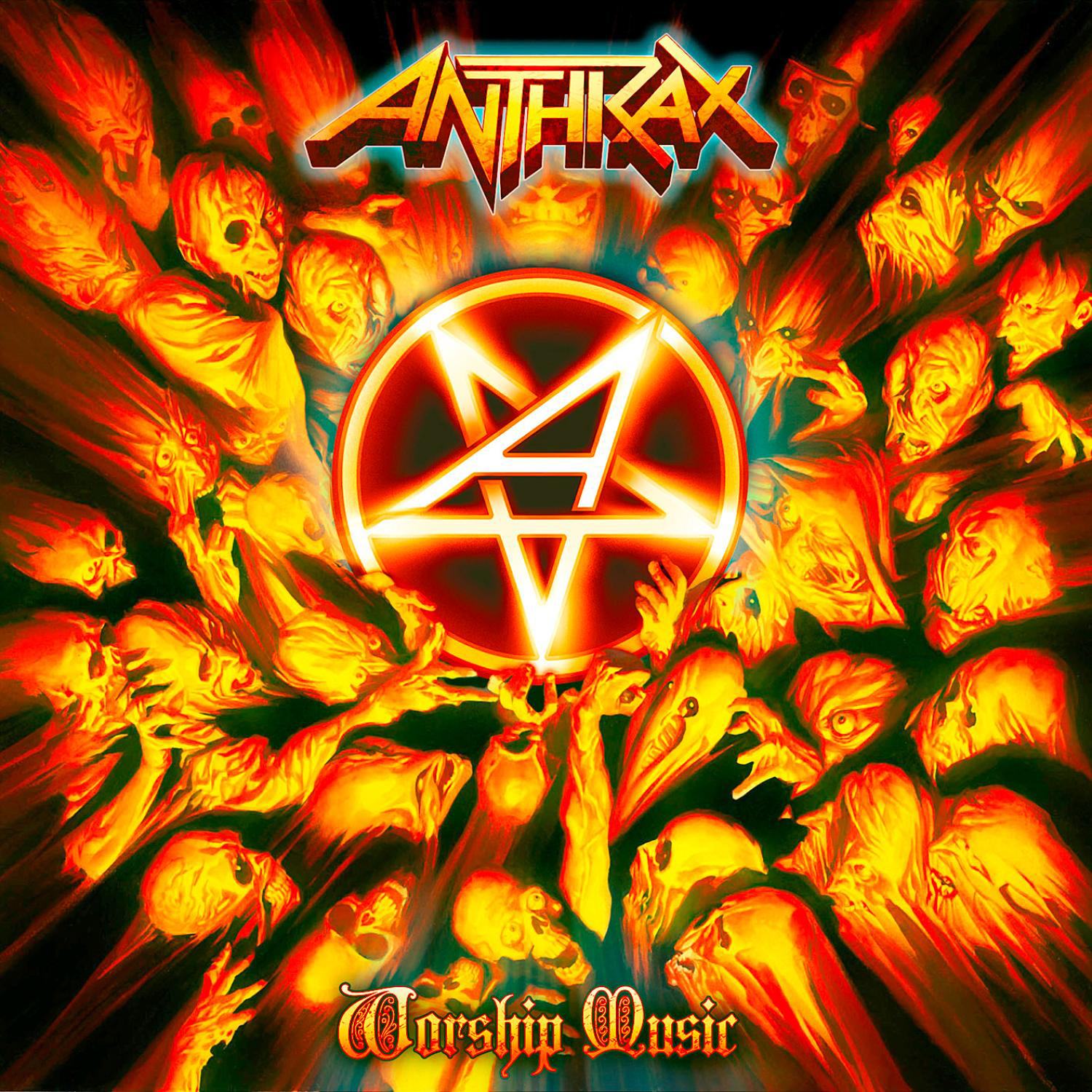Albumcover. Ein feuriger Hintergrund mit Totenköpfen, Händen und einem zentralen Sternsymbol.