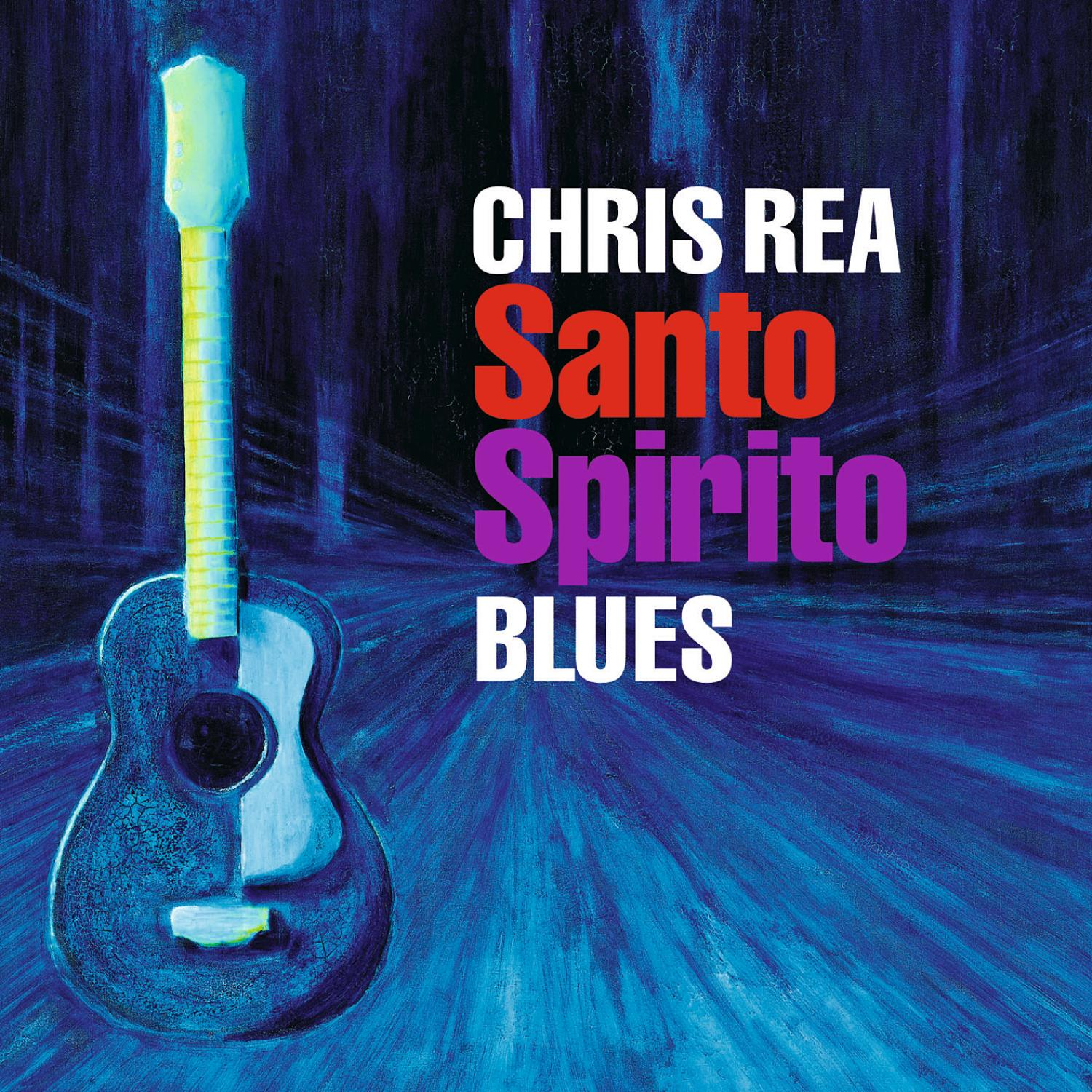 Chris Rea Albumcover: Gitarre, blauer Hintergrund, Titel: Santo Spirito Blues.
