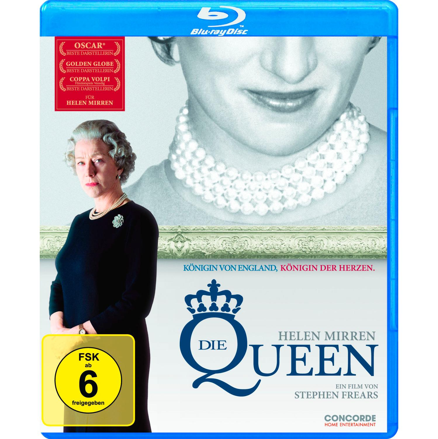 DVD-Cover für 'The Queen'. Helen Mirren steht im Mittelpunkt. Eine Frau trägt ein schwarzes Kleid.