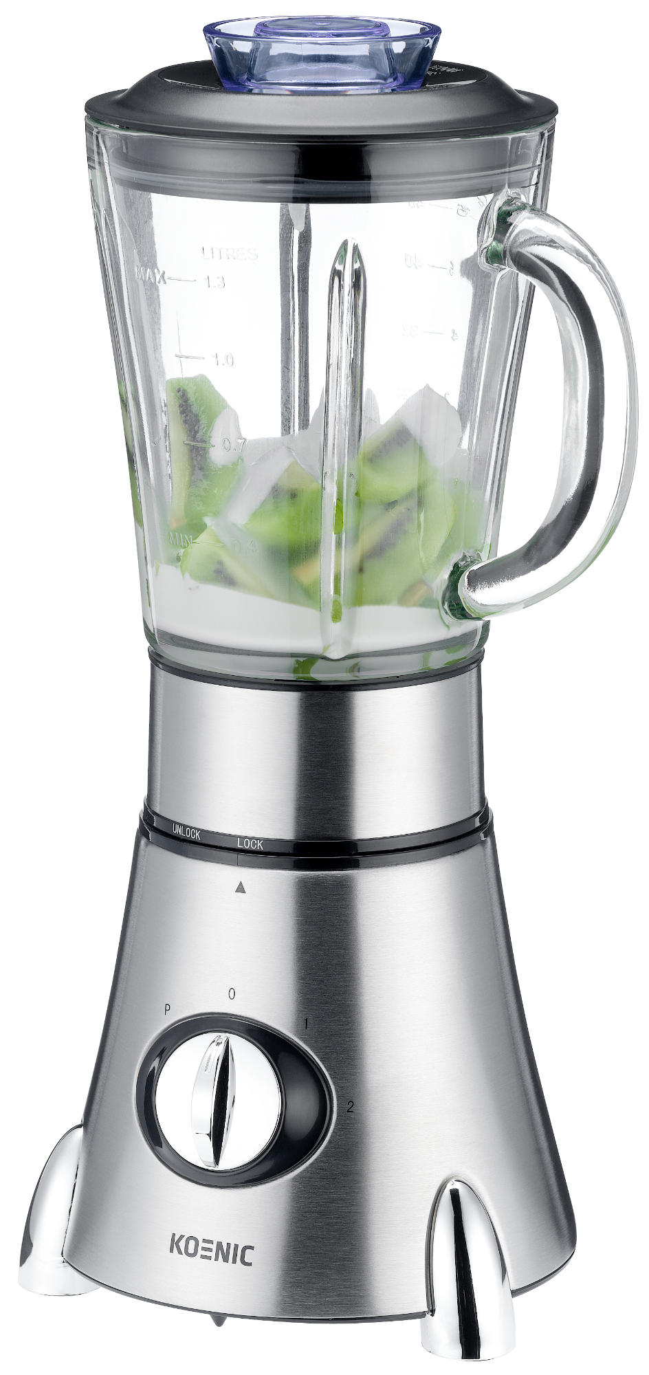 Blender ze stali nierdzewnej ze szklanym dzbankiem wypełnionym kiwi i lodem. Dzbanek ma oznaczenia miar.