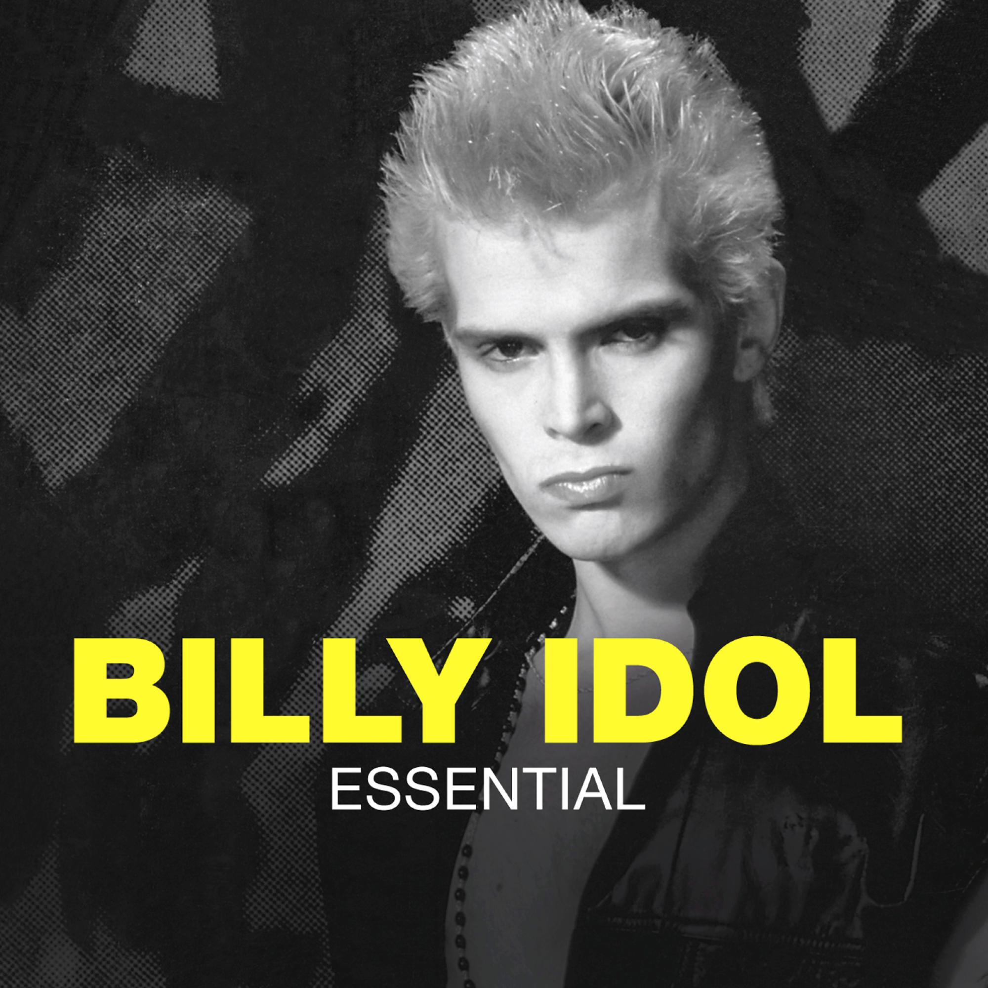 Billy Idol Albumcover in Schwarzweiß. Der Text 'BILLY IDOL ESSENTIAL' ist gelb.