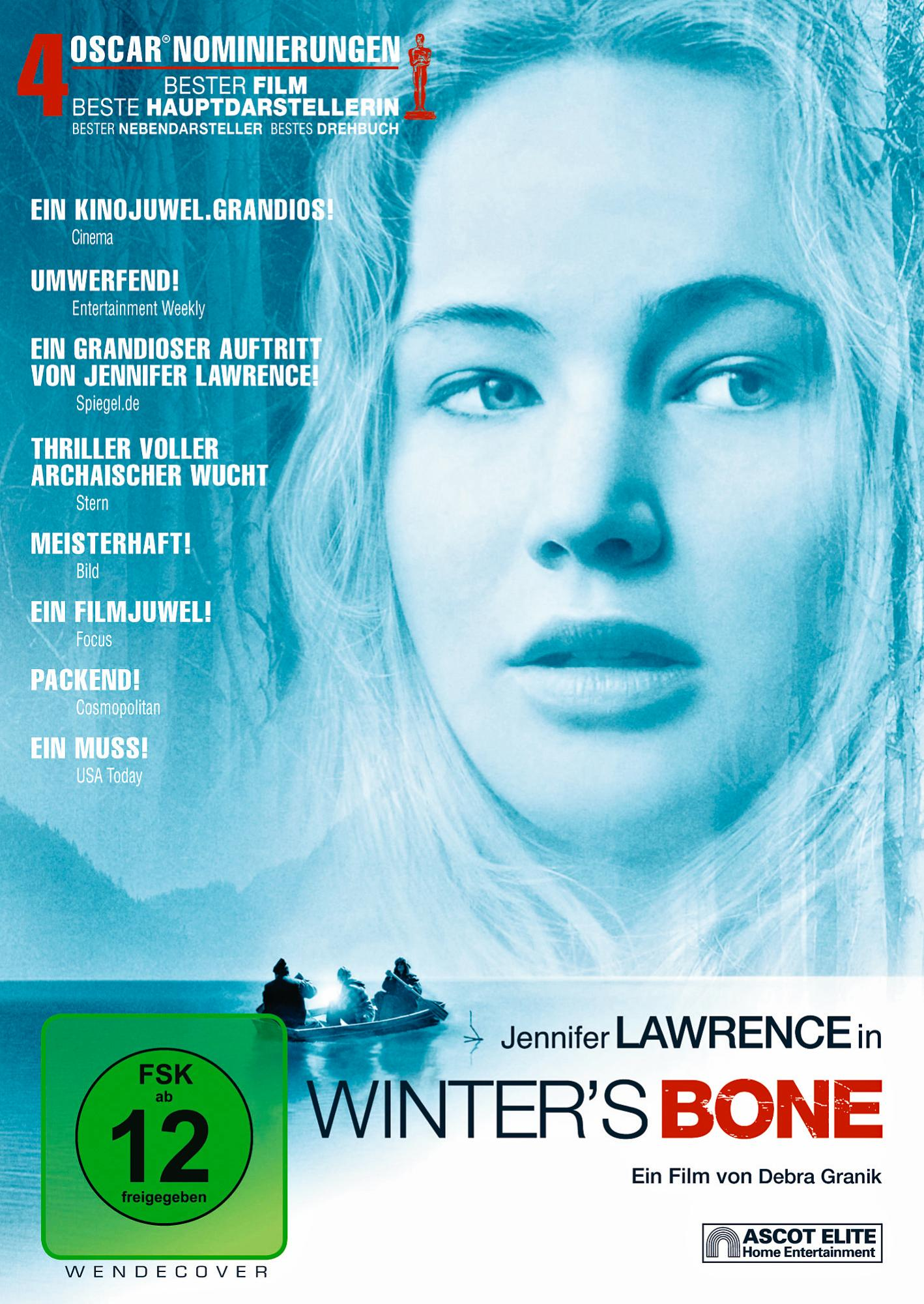 DVD-Cover mit Jennifer Lawrence, Titel Winter's Bone, mit einem Boot auf einem See.