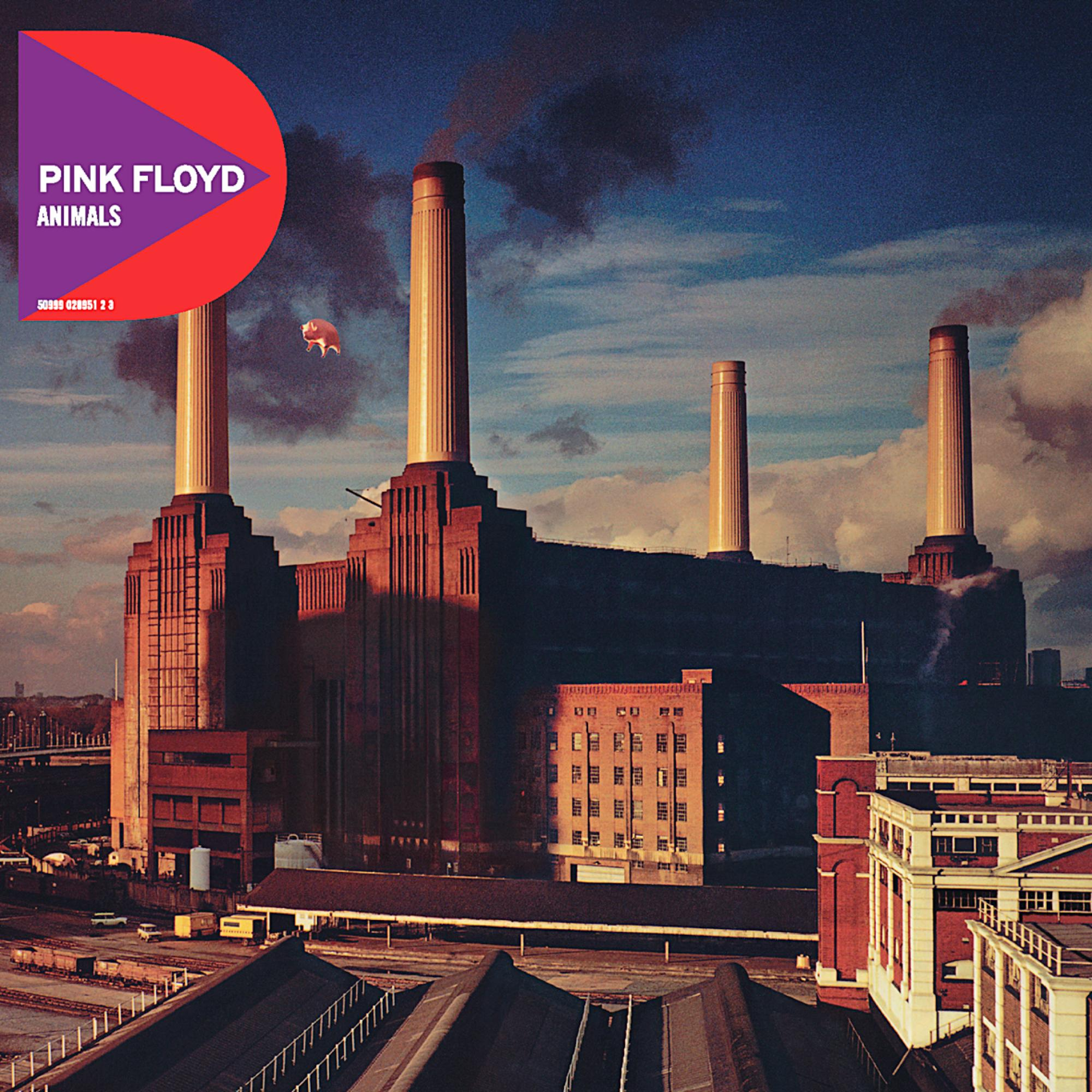 Pink Floyd Albumcover. Industriegebäude mit Schornsteinen, ein fliegendes Schwein und ein Sonnenuntergang.