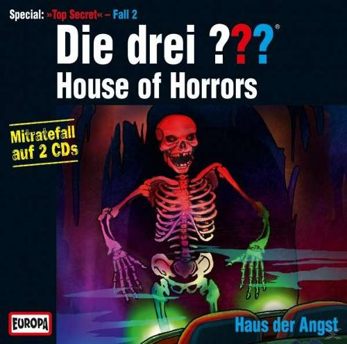 Albumcover für Die drei ??? House of Horrors, ein Skelett in einer gruseligen Höhle. Ein Auto im Vordergrund.