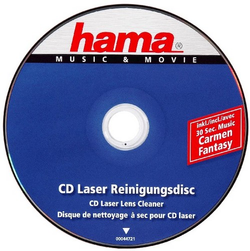 Disco CD con centro blu, testo bianco e un'iscrizione rossa, 'CD Laser Reinigungsdisc'.