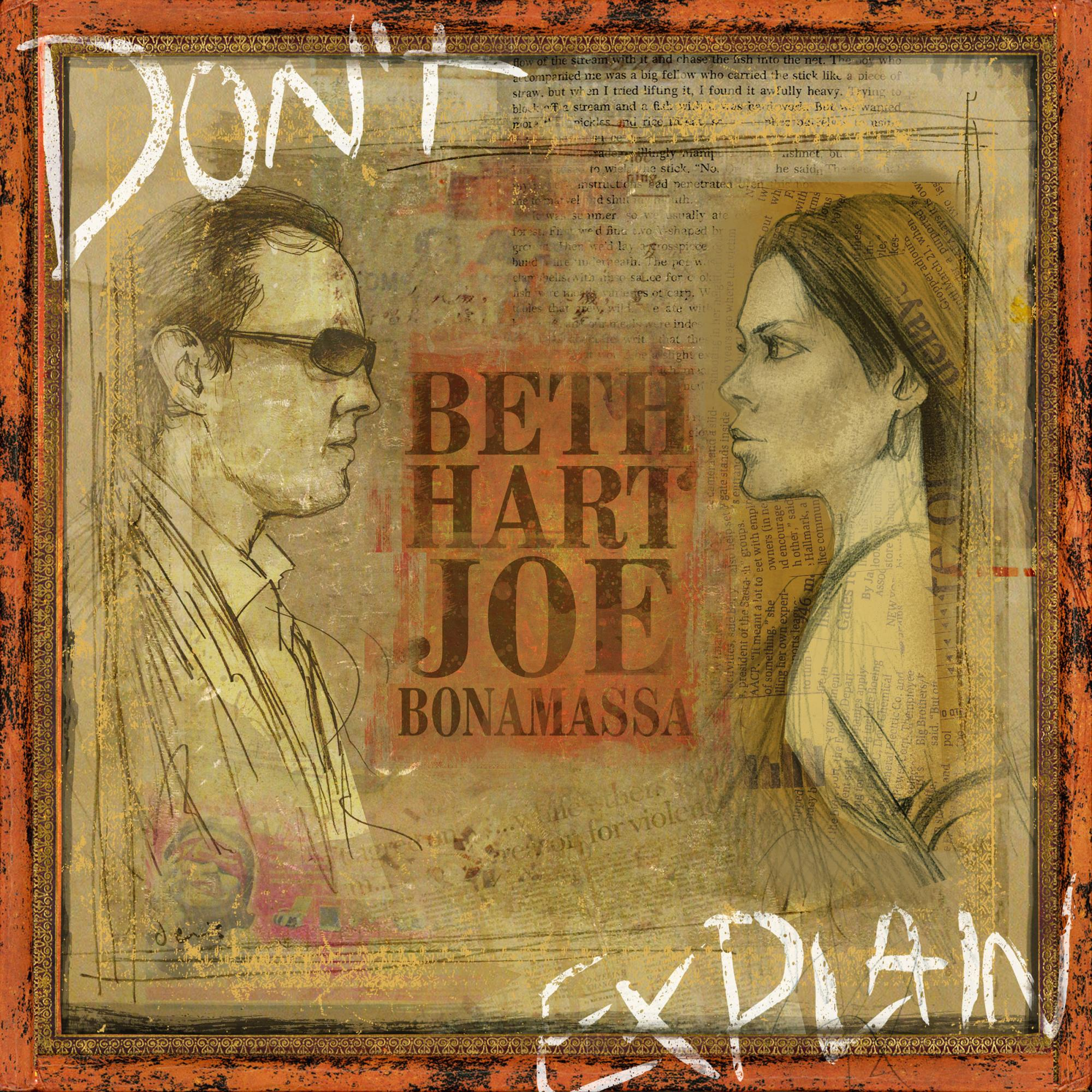 Kunst: Zwei Gesichter, Frau und Mann, mit Text: Beth Hart, Joe Bonamassa und 'DON'T EXPLAIN'.