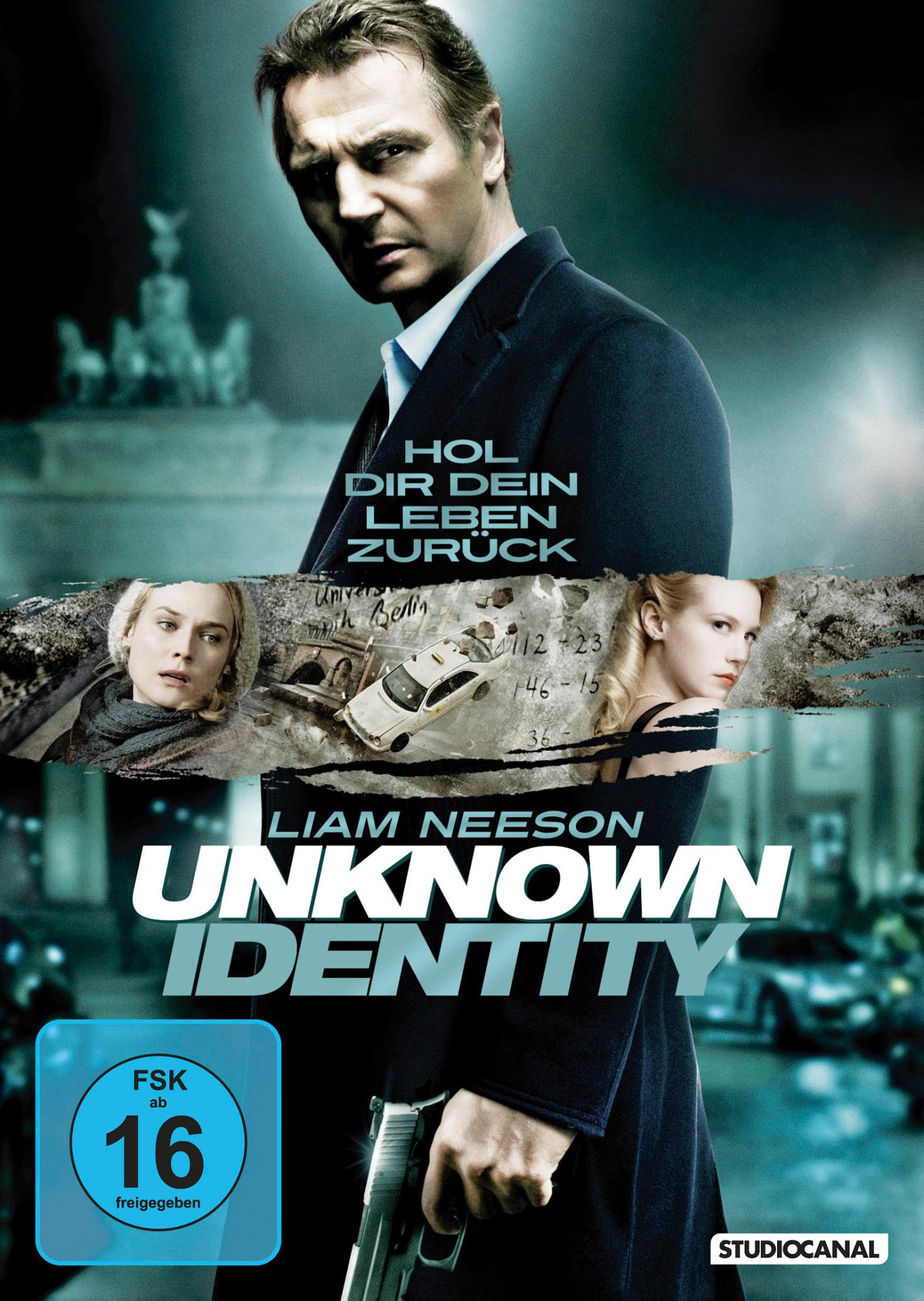 DVD-Cover für Unknown Identity. Liam Neeson und zwei Frauen sind zu sehen. Text: Unknown Identity.