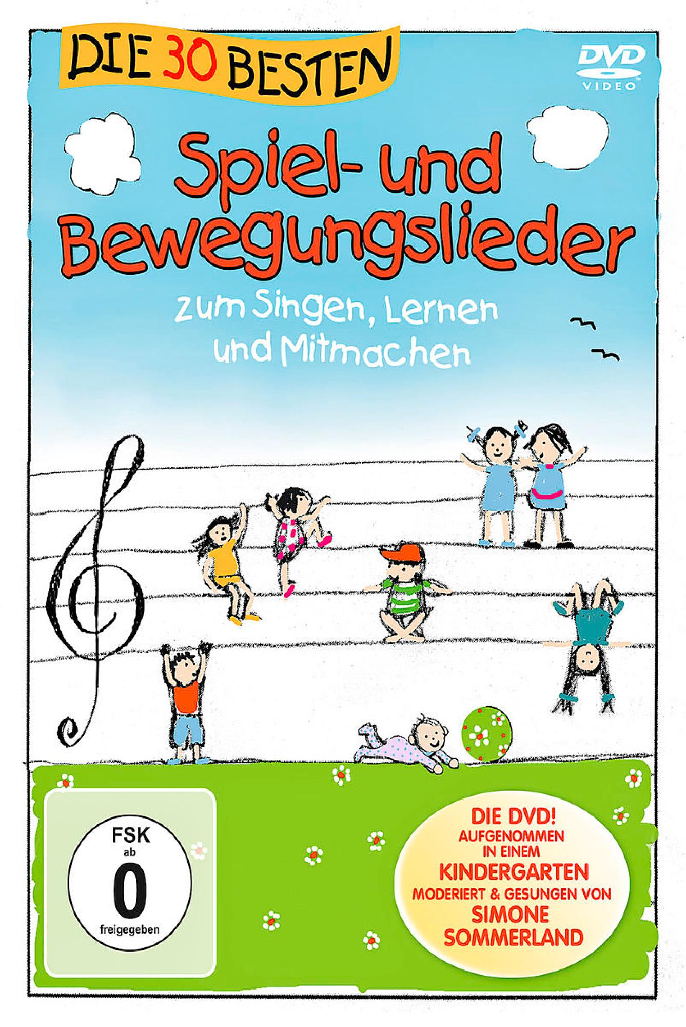DVD-Cover für Kinderlieder. Cartoon-Kinder singen und tanzen. Titel: Die 30 Besten.