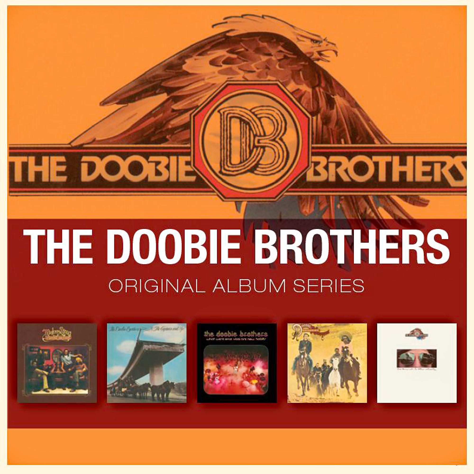 The Doobie Brothers-Albumcover. Adler-Grafik oben. Albumserientitel und Albumcover unten.