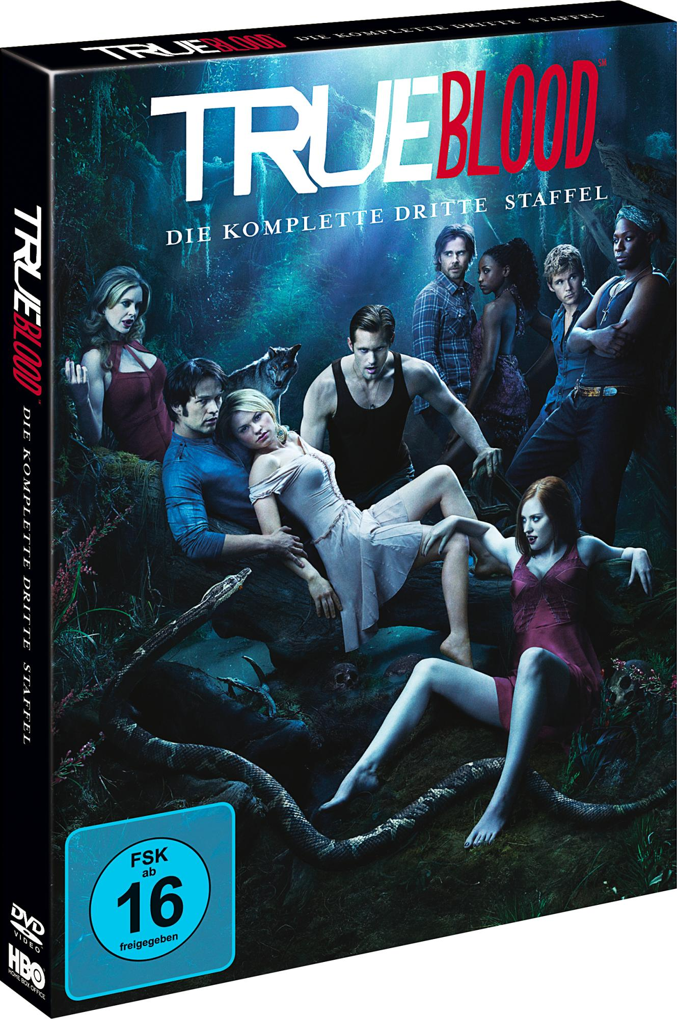 DVD-Cover von True Blood Staffel 3. Gruppe von Leuten in einem Wald. Dunkle Farben mit Gesichtern der Schauspieler.