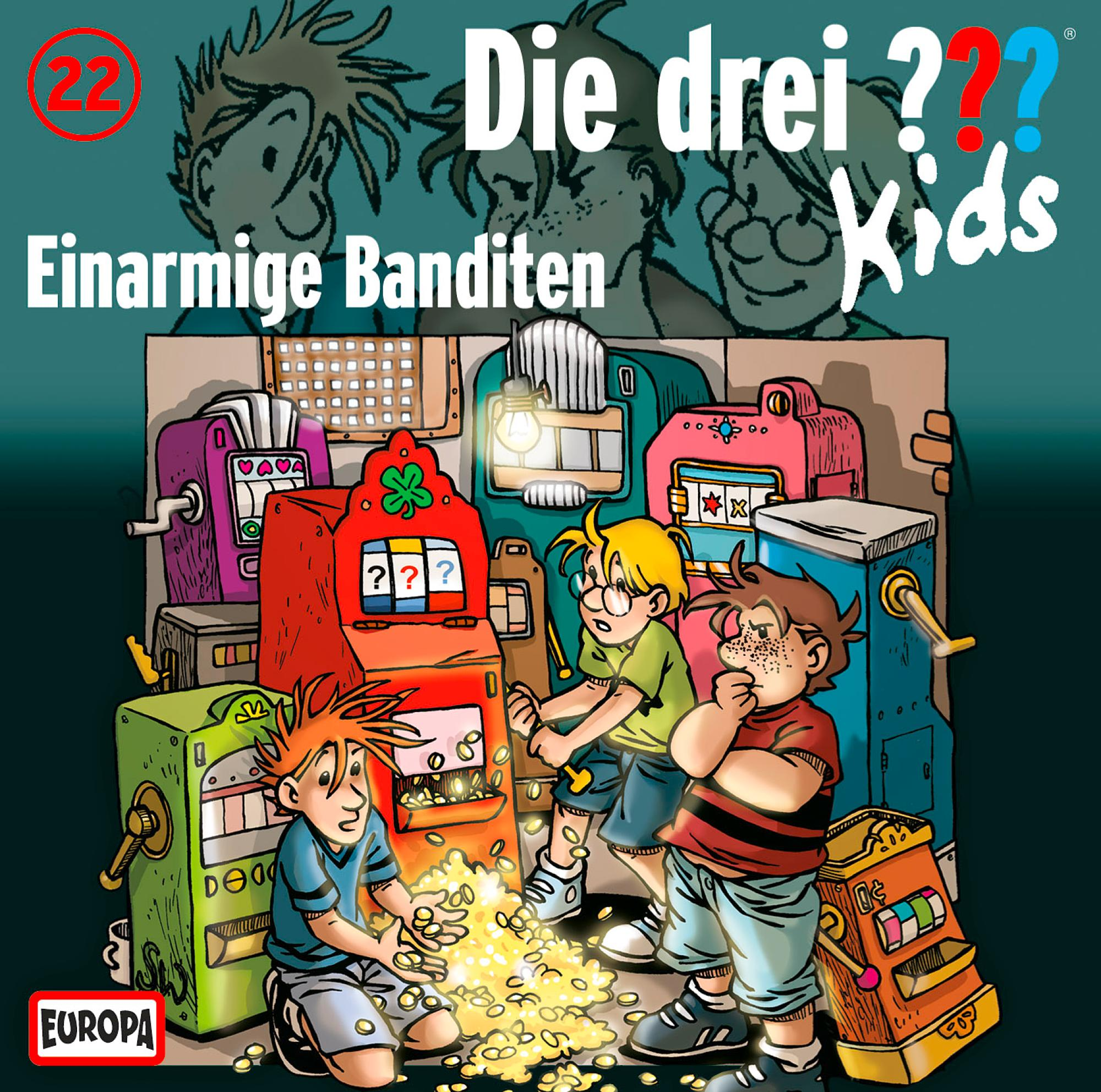 Cover-Art für 'Die drei ??? Kids'. Zeigt drei Jungen an Spielautomaten mit Münzen im Cartoon-Stil.