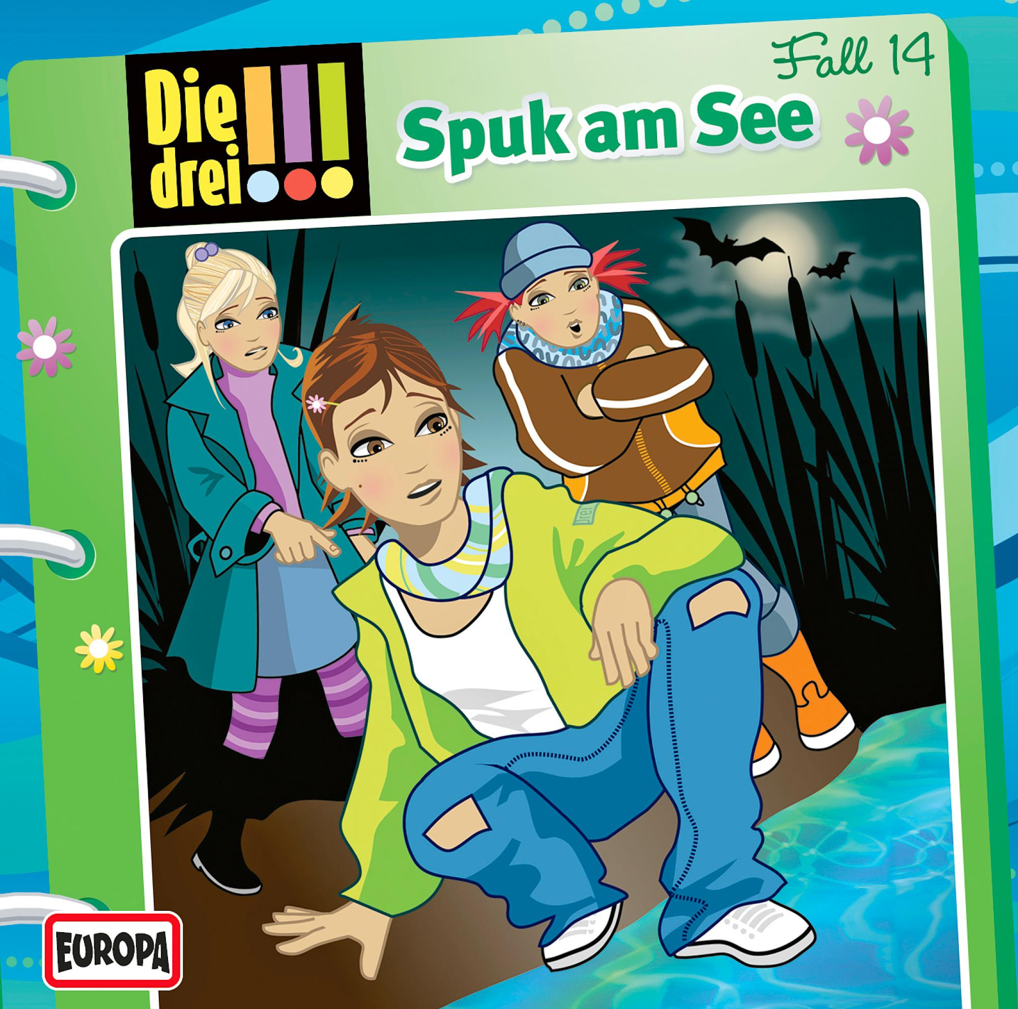 Cover: Drei Kinder am Seeufer, Bäume und Fledermäuse im Hintergrund. Titel: Spuk am See.