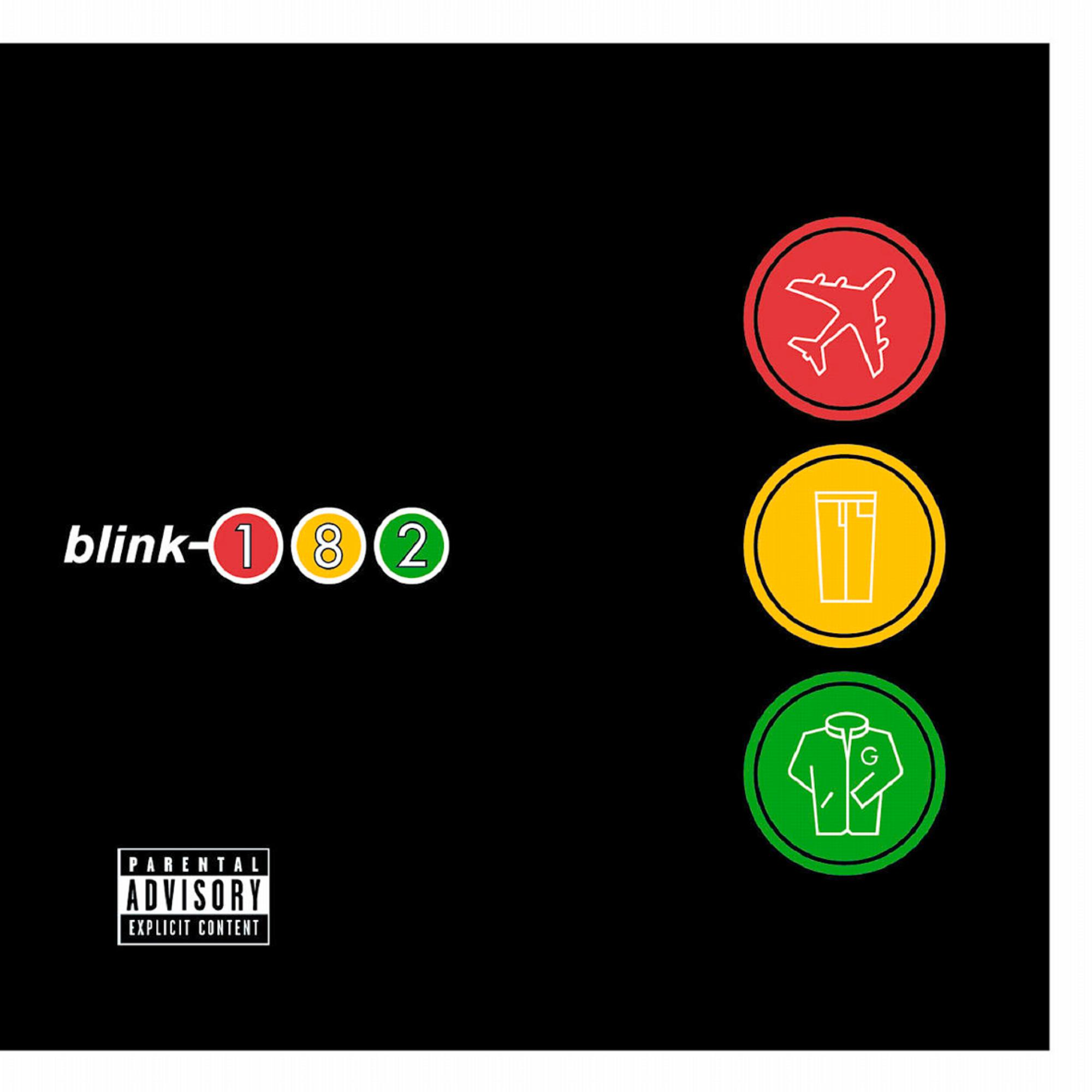 A Blink-182 album borítója. Fekete háttér, repülőgép, nadrág és ing ikonok piros, sárga és zöld körökben.