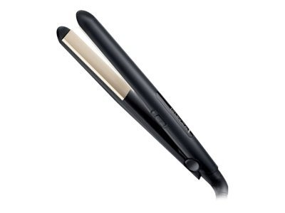 Black hair straightener with gold plates, angled on white background.