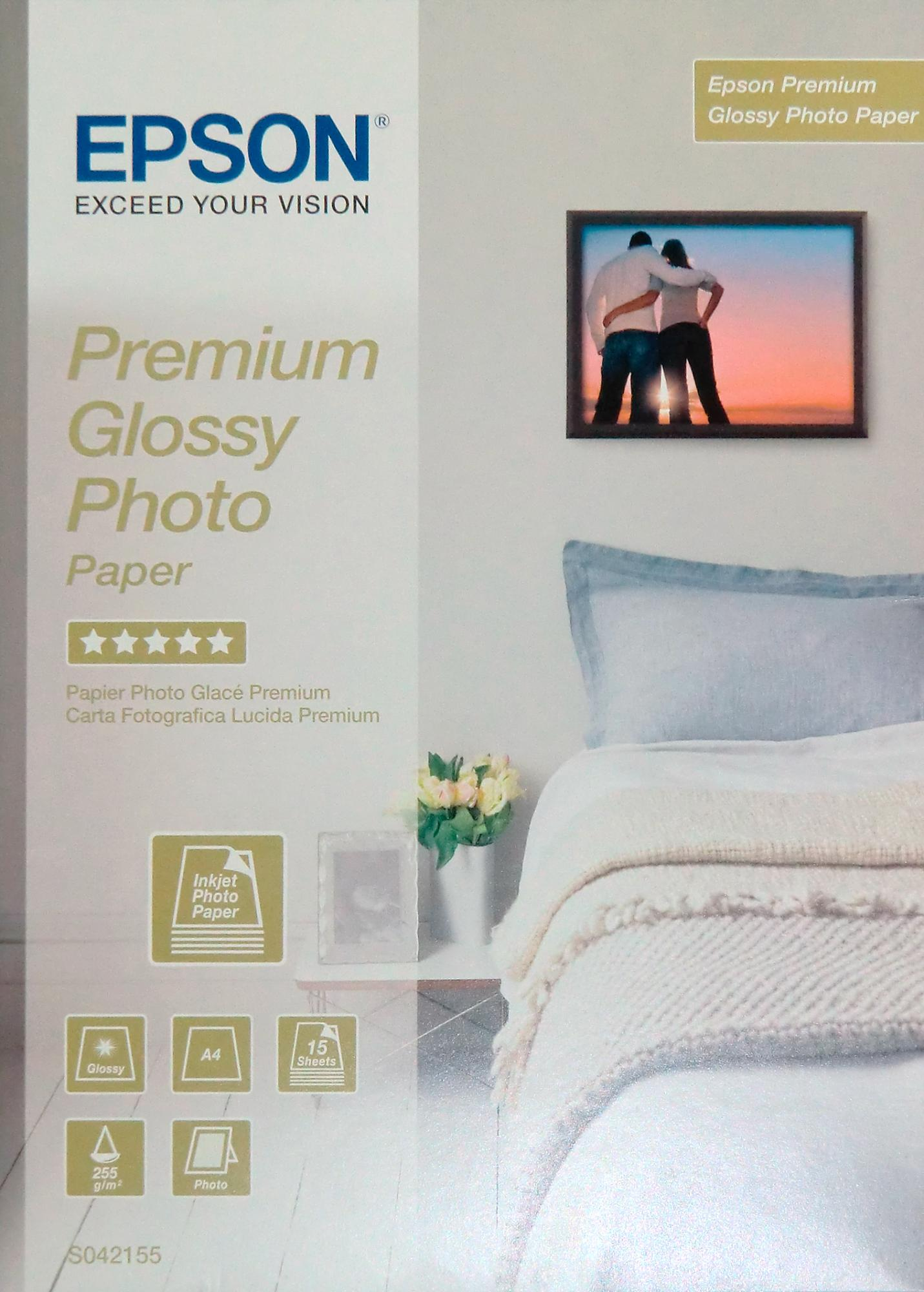Papel fotográfico - Epson Premium Glossy Photo Paper, A4, 15 unidades y 255 gramos