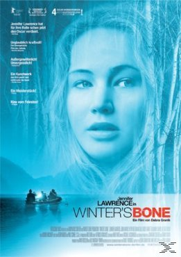 Winter's Bone Filmplakat. Das Gesicht einer Frau, Bäume und ein See im Hintergrund.