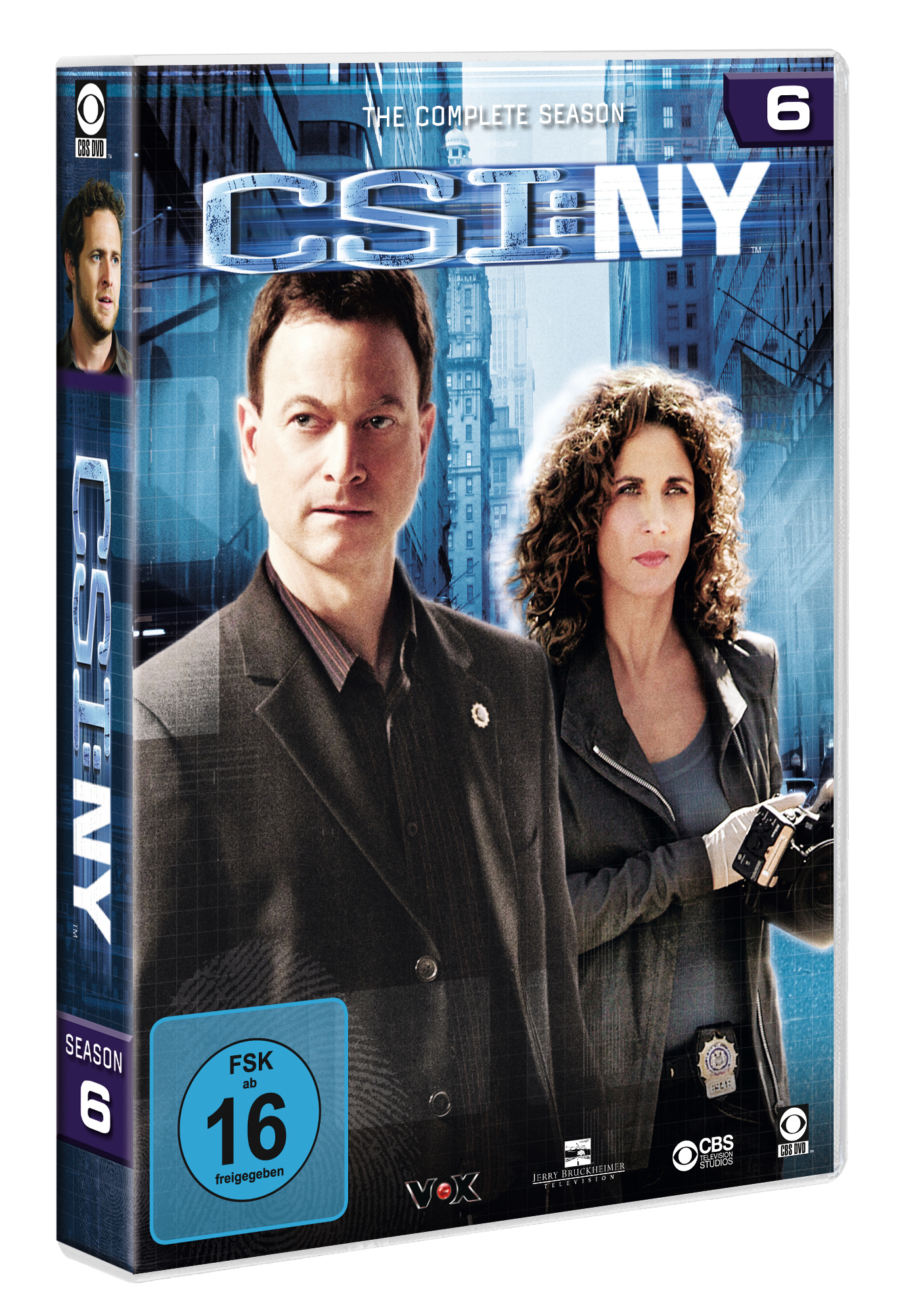 CSI NY Staffel 6 DVD-Cover. Gary Sinise und Sela Ward. Text: CSI NY, Staffel 6. Stadt-Hintergrund.