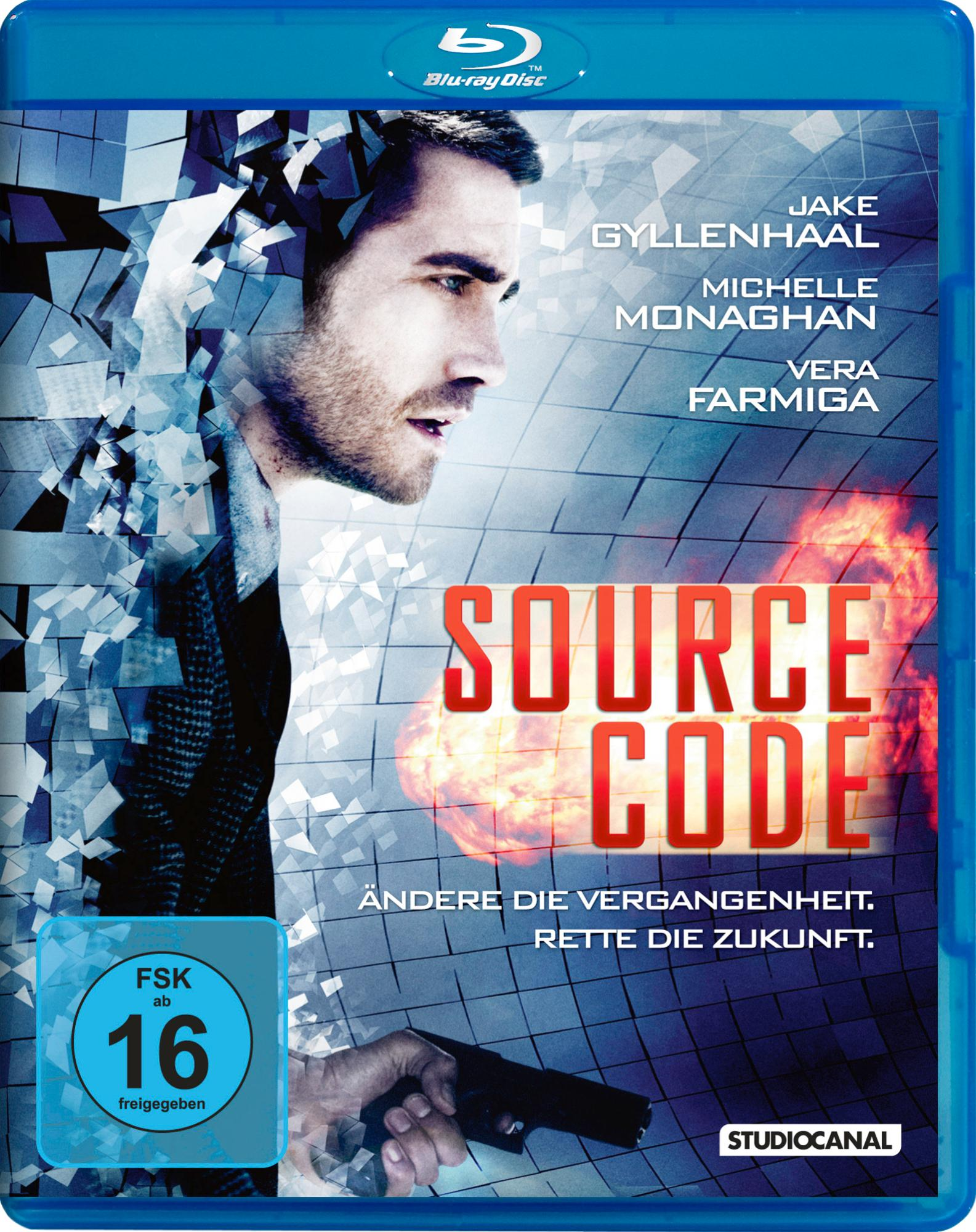 Filmcover. Mann, der nach links schaut und eine Waffe hält. Titel: Source Code.