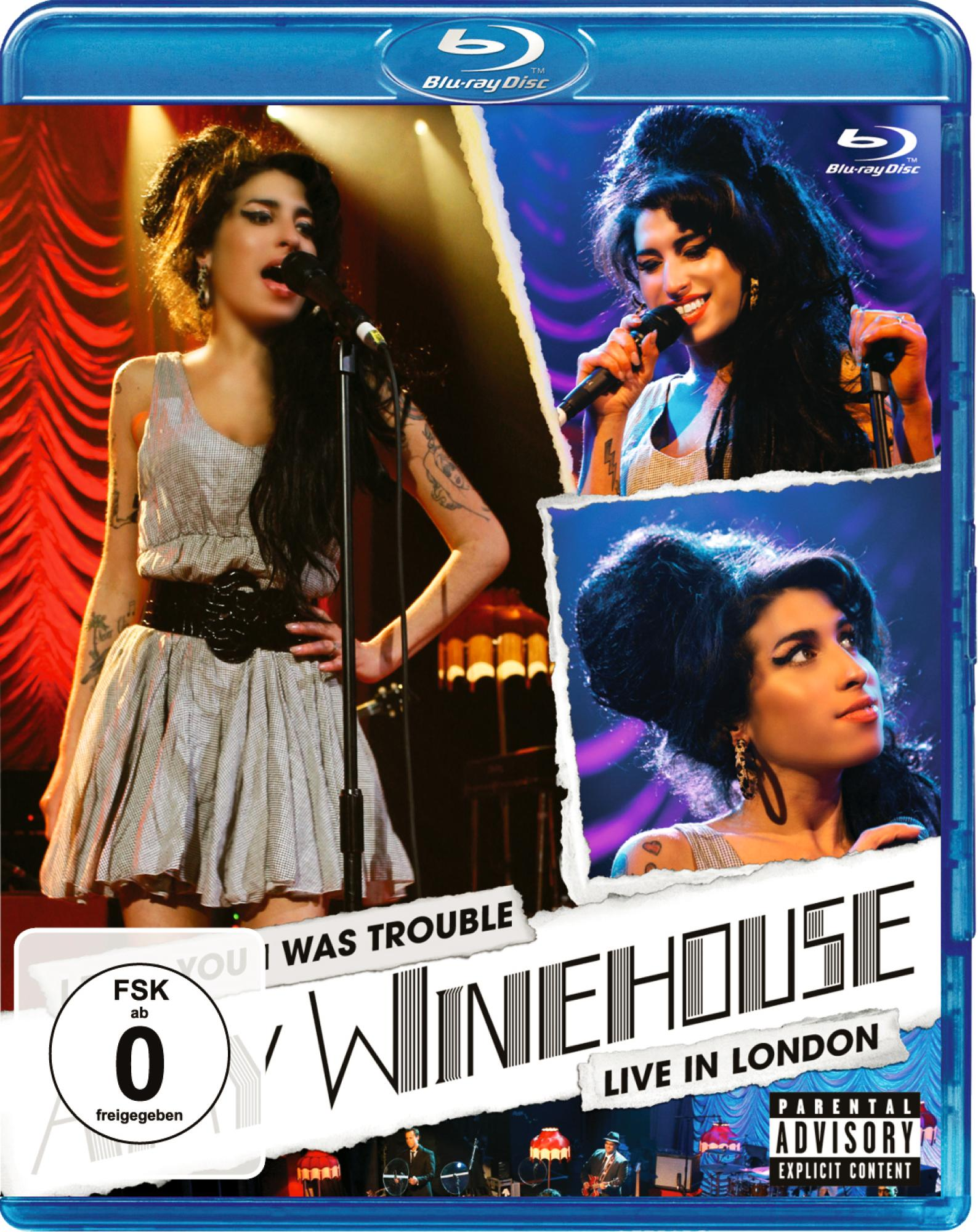 Blu-ray-Cover, Amy Winehouse, Live in London. Drei Bilder von Amy, die auf der Bühne auftritt.