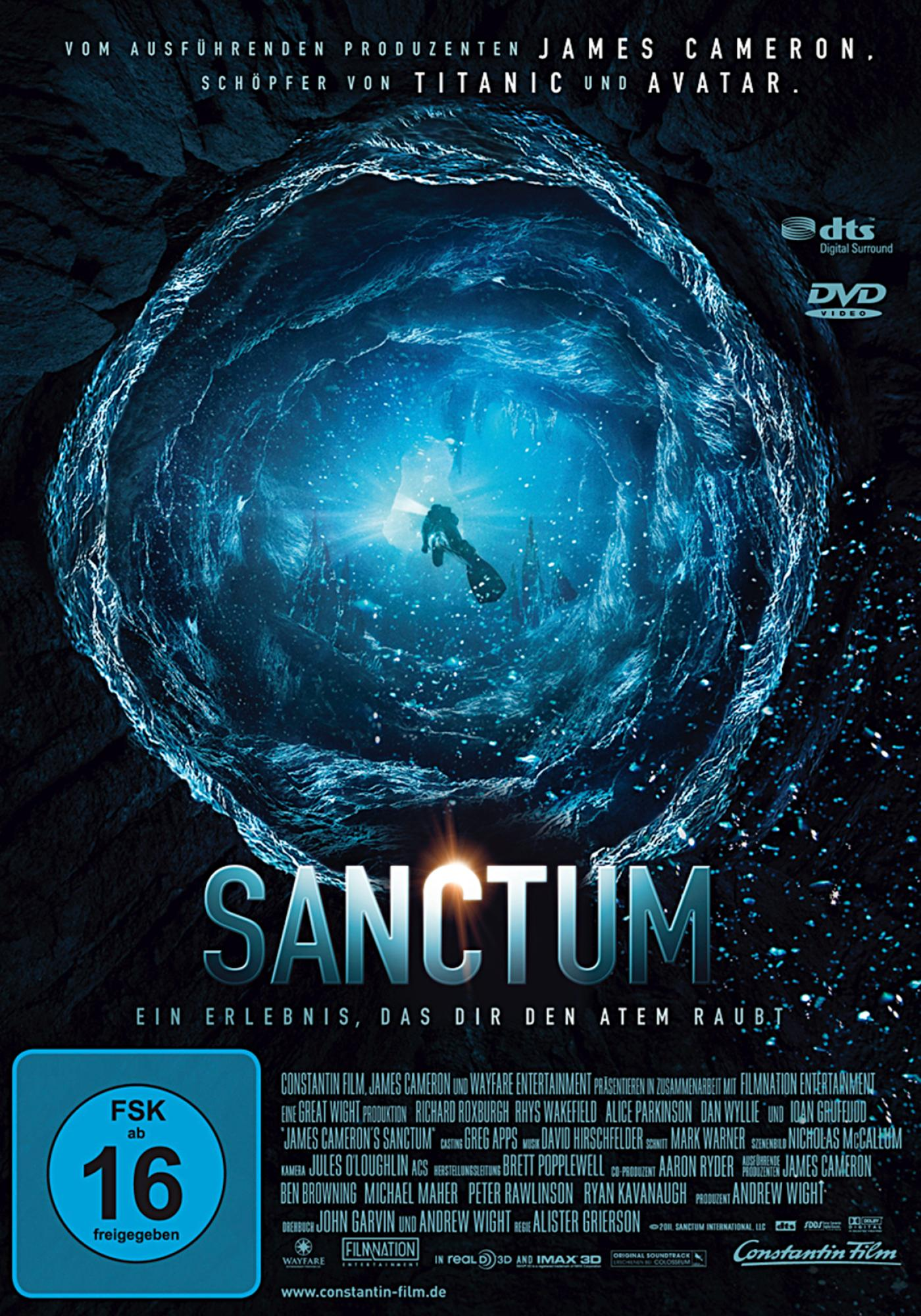Ein Filmcover für Sanctum mit einem Taucher in einer Höhle mit blau leuchtenden Elementen.