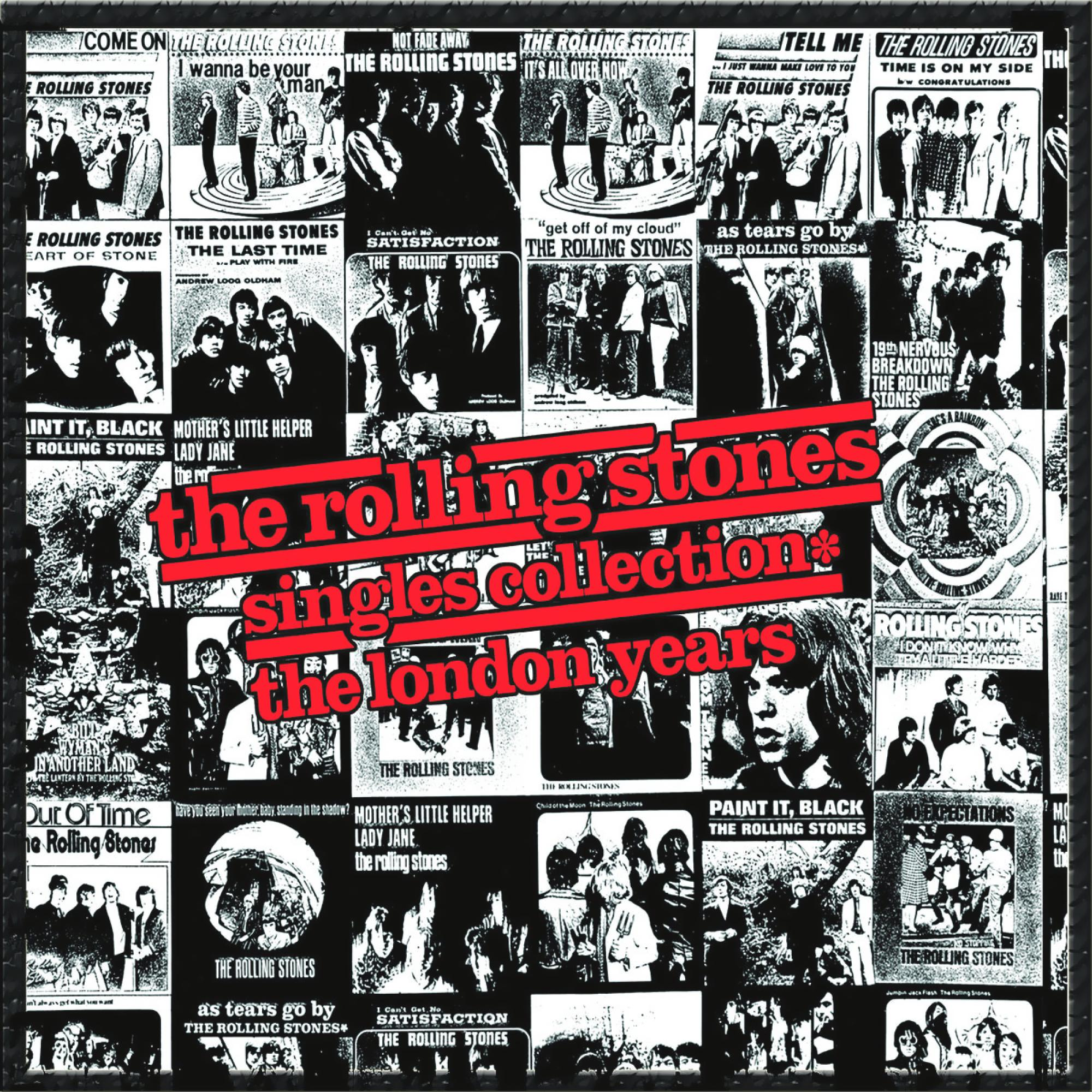 Albumcover-Collage mit mehreren Rolling Stones Albumcovern und Textüberlagerungen.