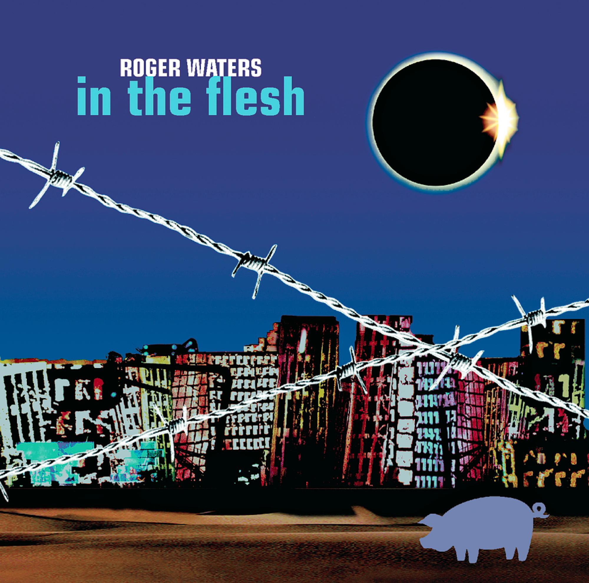 Albumcover mit surrealer Szene. Stacheldraht, Stadtlandschaft, Schwein und Sonnenfinsternis.