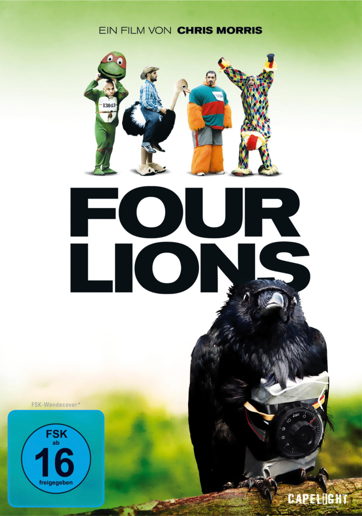 Filmposter: Vier kostümierte Männer, eine Krähe mit einer Bombe und der Titel 'FOUR LIONS'.