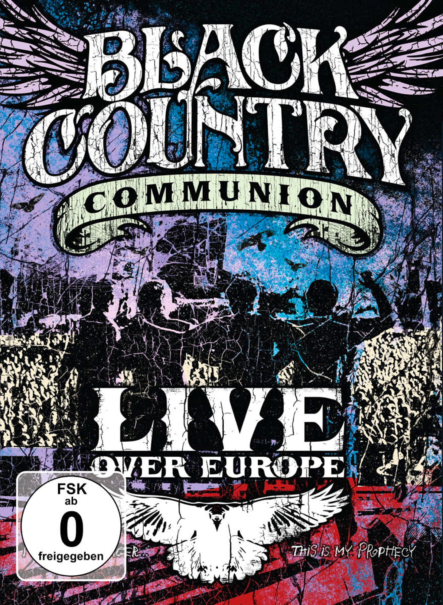 DVD-Cover, Black Country Communion, mit Bandmitgliedern als Silhouette. Blauer und Grunge-Effekt.