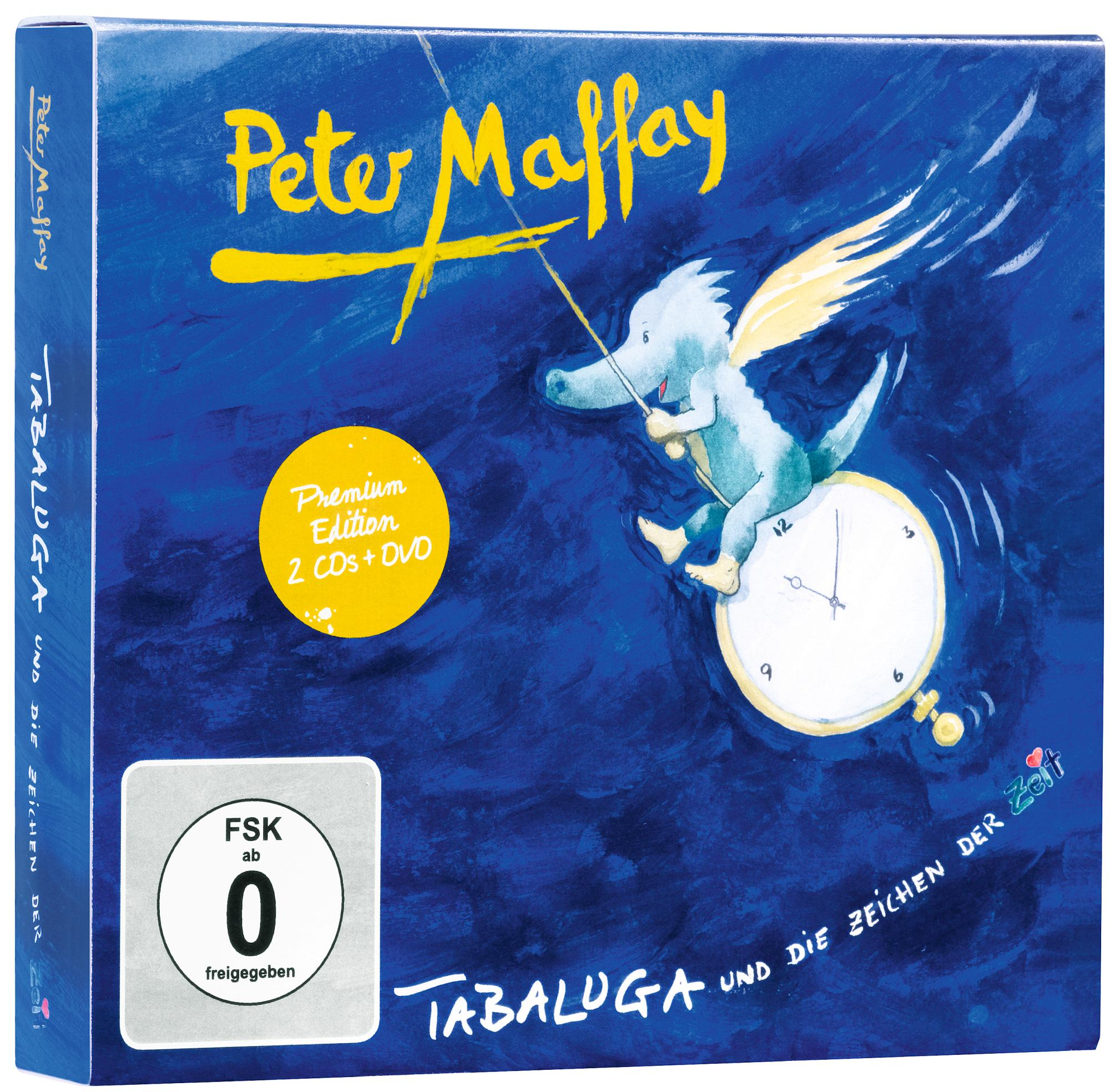 Blaues DVD-Cover mit Tabaluga, einem Drachen auf einer Uhr und Peter Maffays Namen.