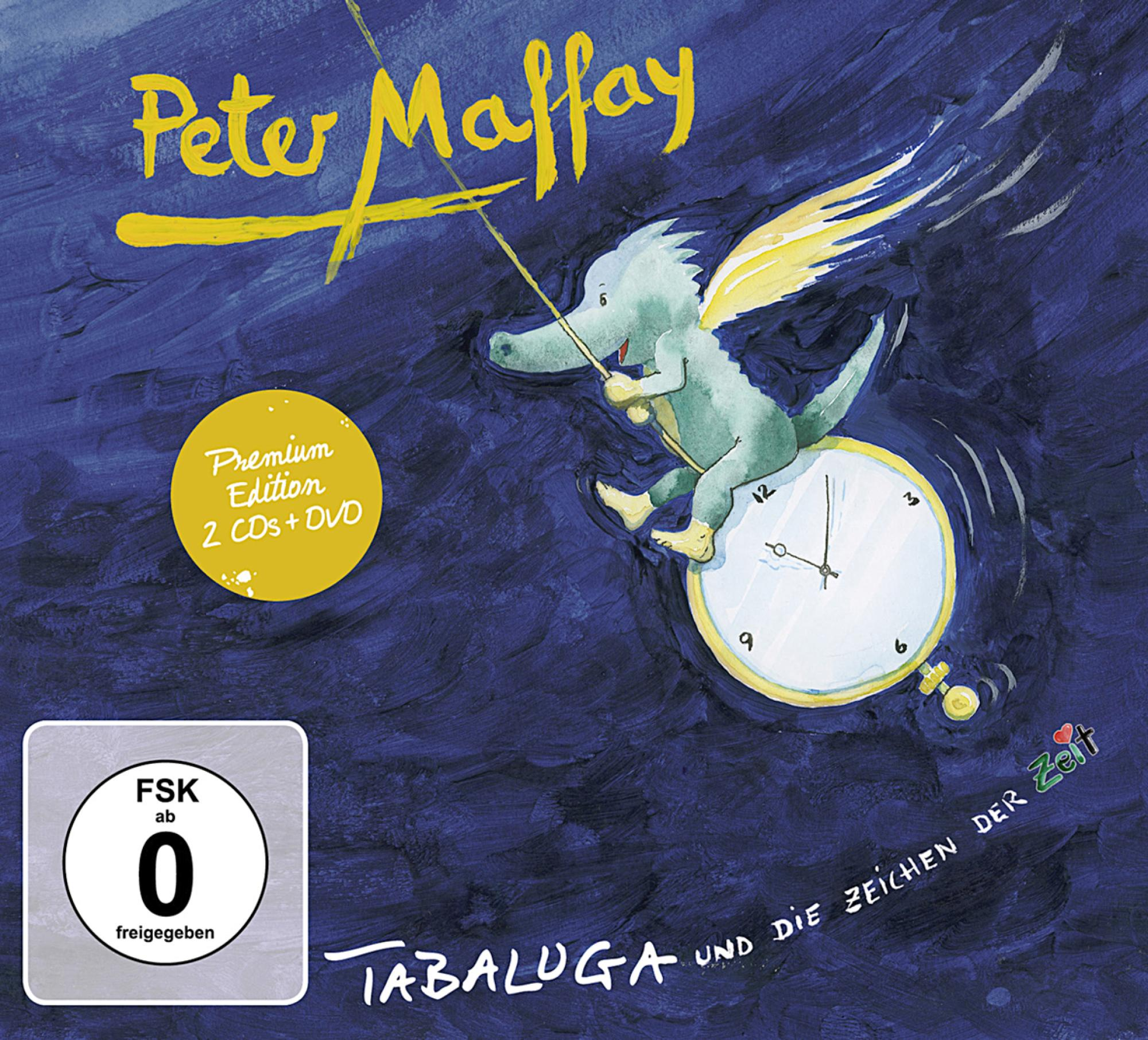Tabaluga Albumcover: Drache auf einer Uhr, fliegend über dunkelblauem Hintergrund, Peter Maffay.