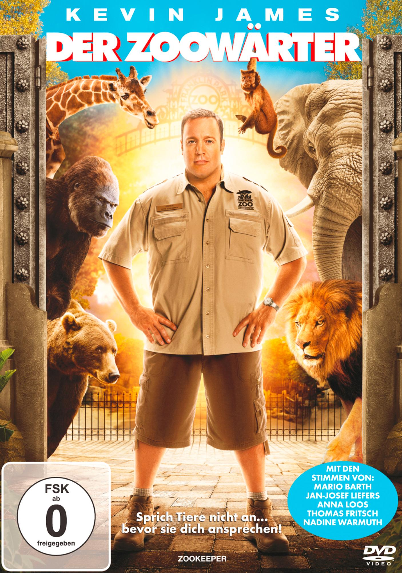 Kinoposter: Kevin James in Der Zoowärter. Tiere und ein Zootor im Hintergrund.
