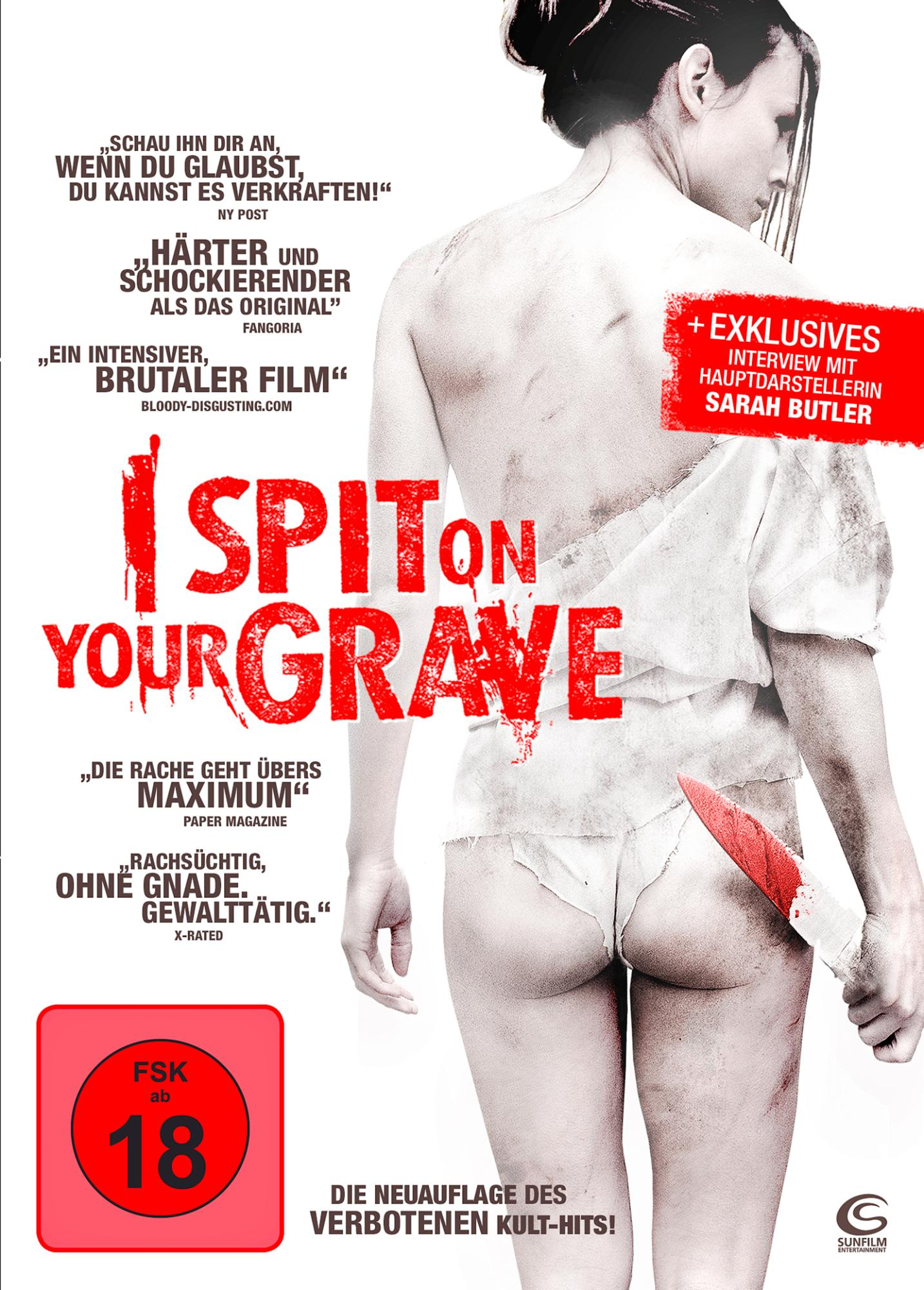 Filmposter mit einer Frau, die ein blutiges Messer hält. Roter und weißer Text, dunkler Hintergrund.