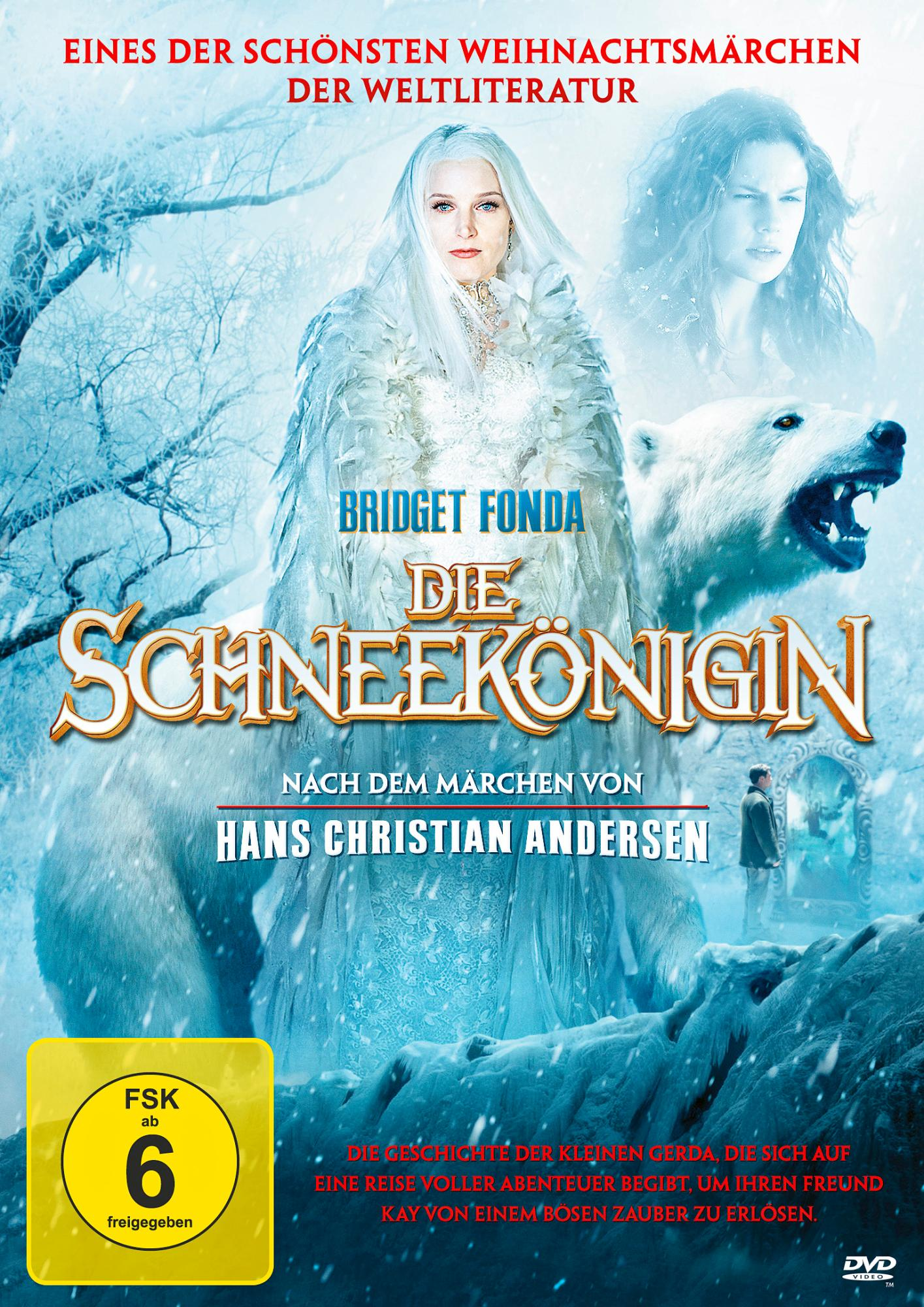 DVD-Cover mit dem Titel 'Die Schneekönigin', einer Frau, einem Eisbären und der Bewertung '6+'.