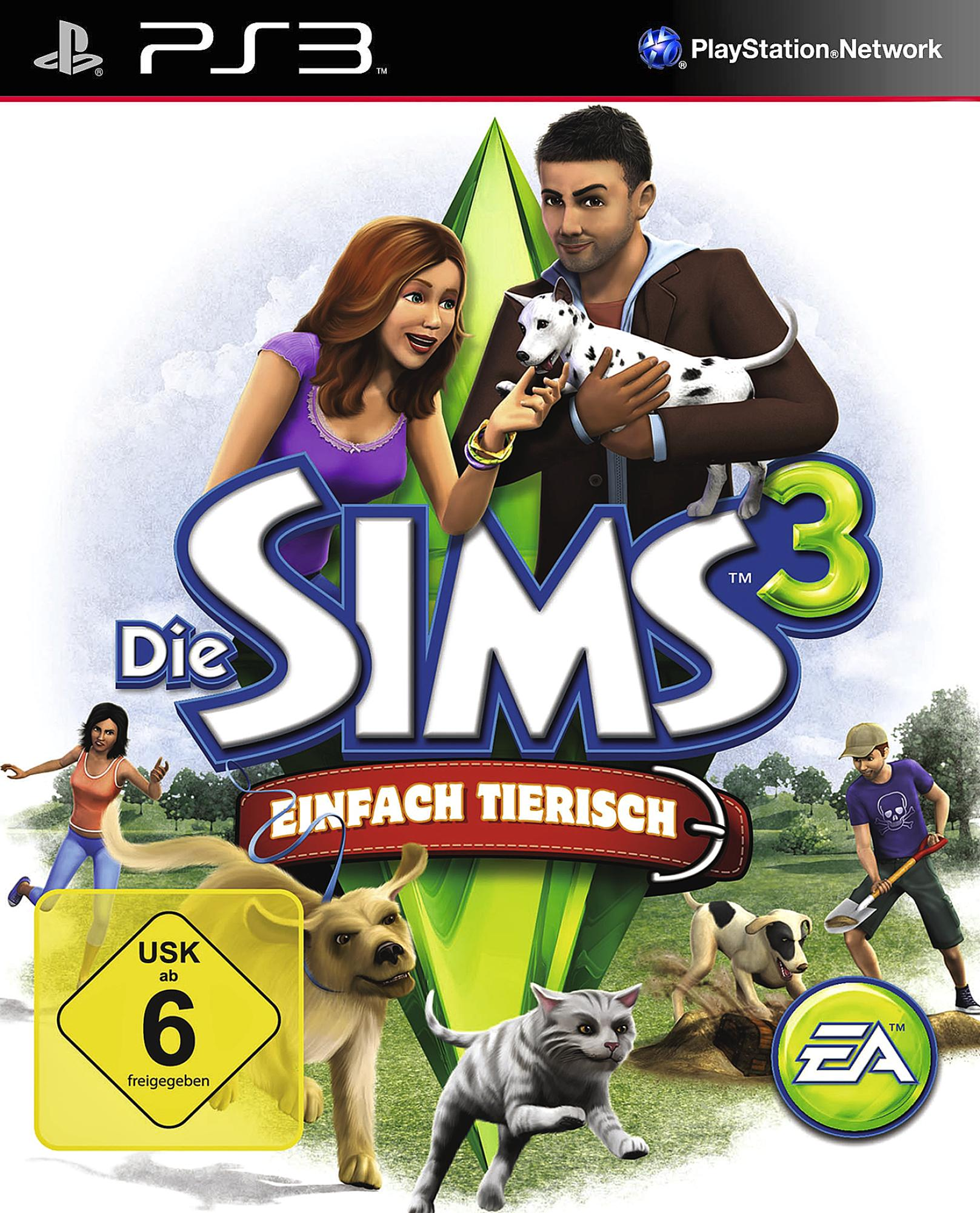 Das Sims 3-Spielcover. Es zeigt einen Mann, eine Frau und einen Hund mit Cartoon-Tieren und Text.