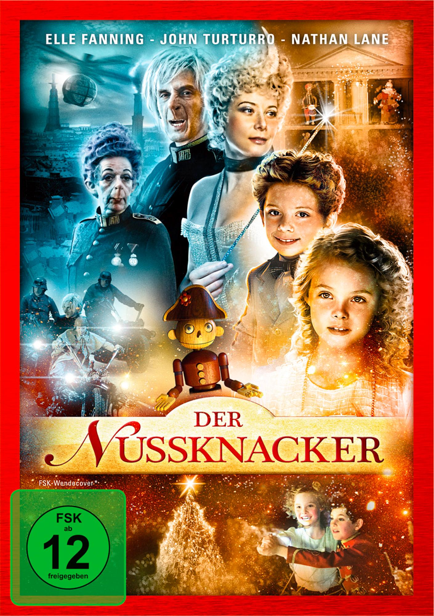 DVD-Cover von 'Der Nussknacker' mit Elle Fanning und anderen Schauspielern sowie einem festlichen Weihnachtsbaum.