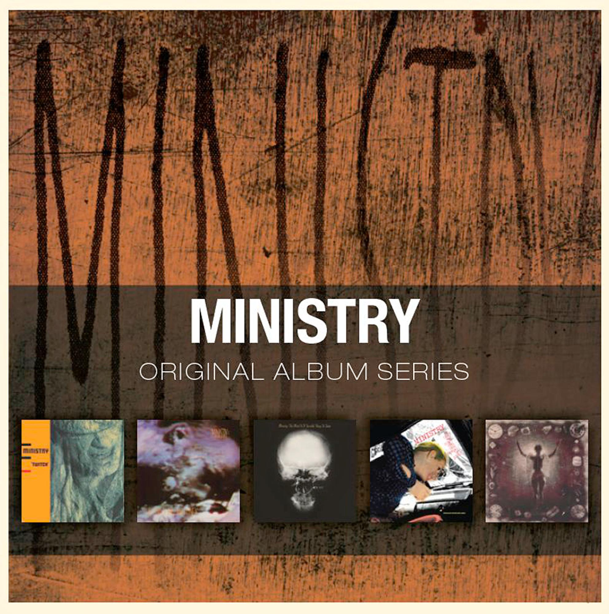 Ministry Albumcover-Kunst mit strukturiertem orangefarbenem Hintergrund und Albumtiteln.
