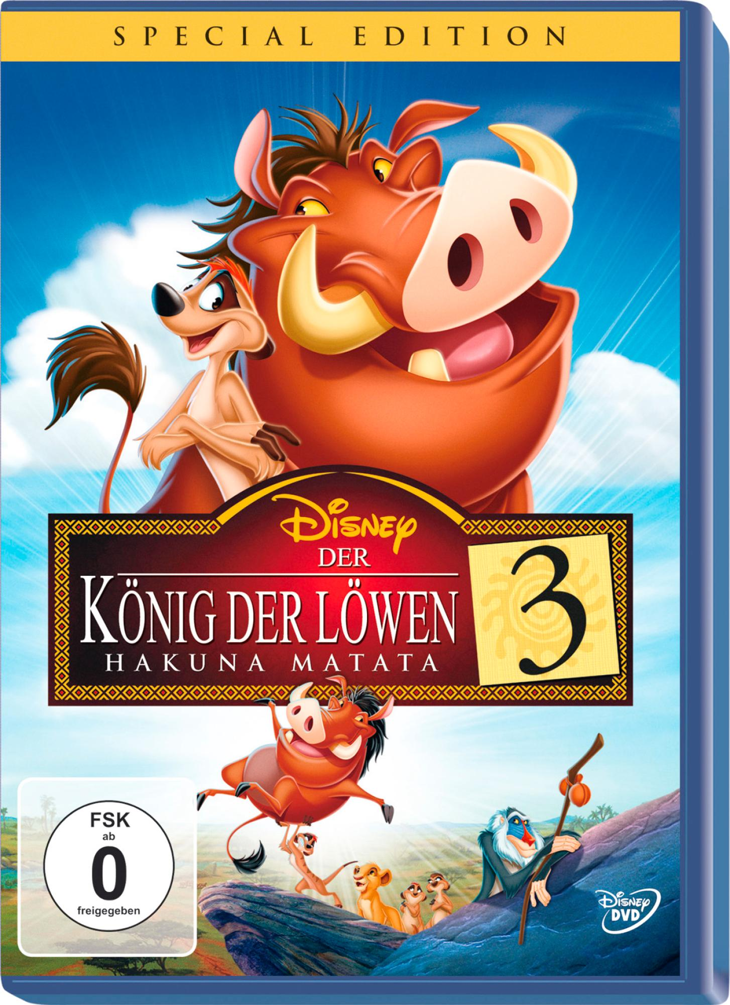 DVD-Cover: Timon, Pumbaa, Simba und Rafiki auf blauem Hintergrund. Text sagt 'Der König der Löwen 3'.