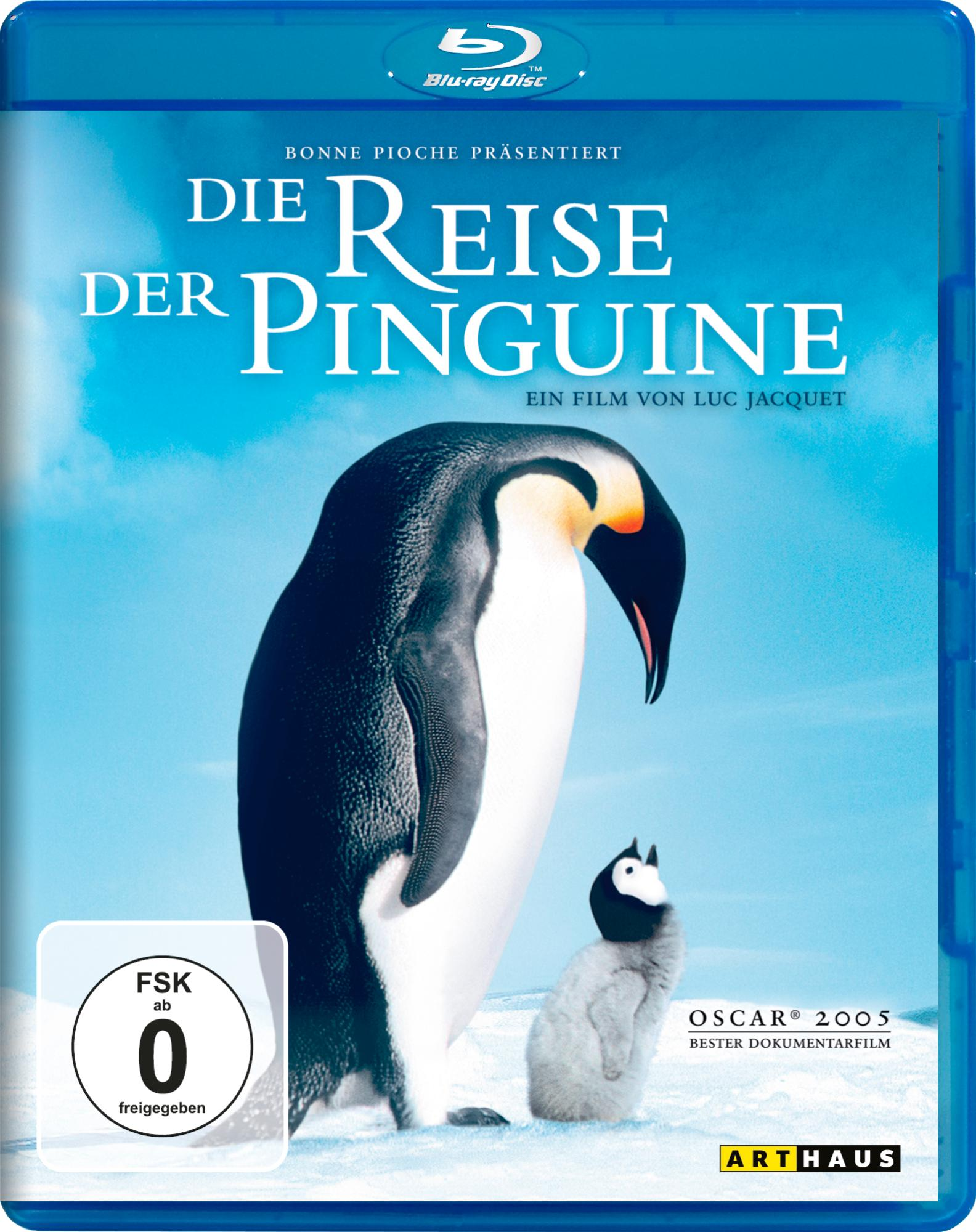 Blu-ray-Disc-Cover von 'Die Reise der Pinguine'. Ein Pinguin und ein Küken stehen auf Eis.