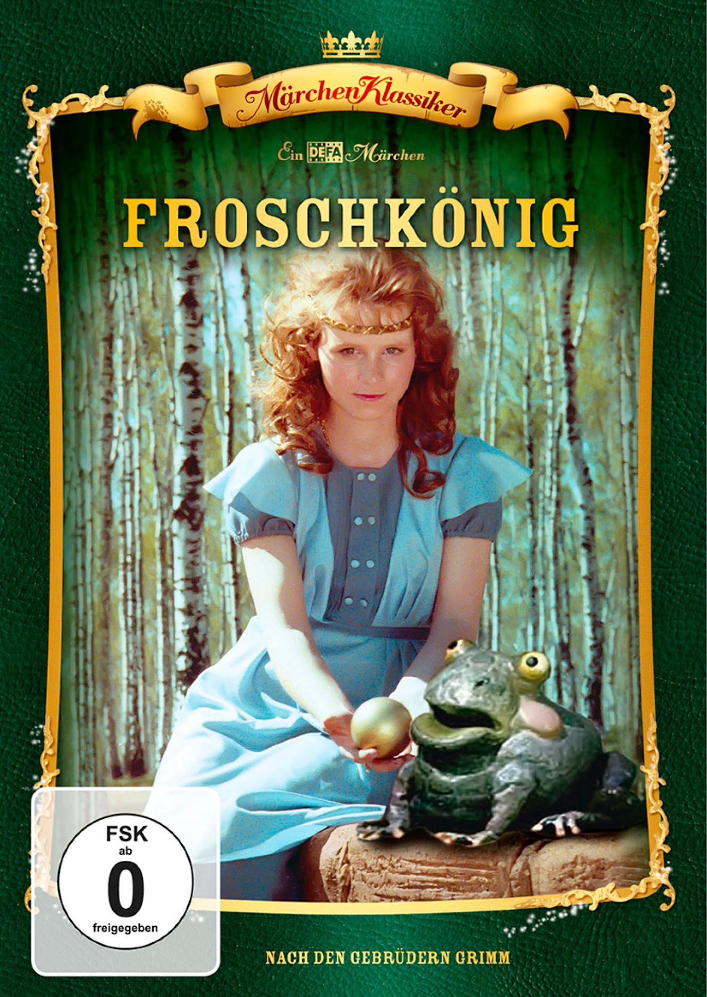 Froschkönig DVD-Cover. Ein Mädchen in einem blauen Kleid hält einen goldenen Apfel neben einem Frosch. Grüner Hintergrund.