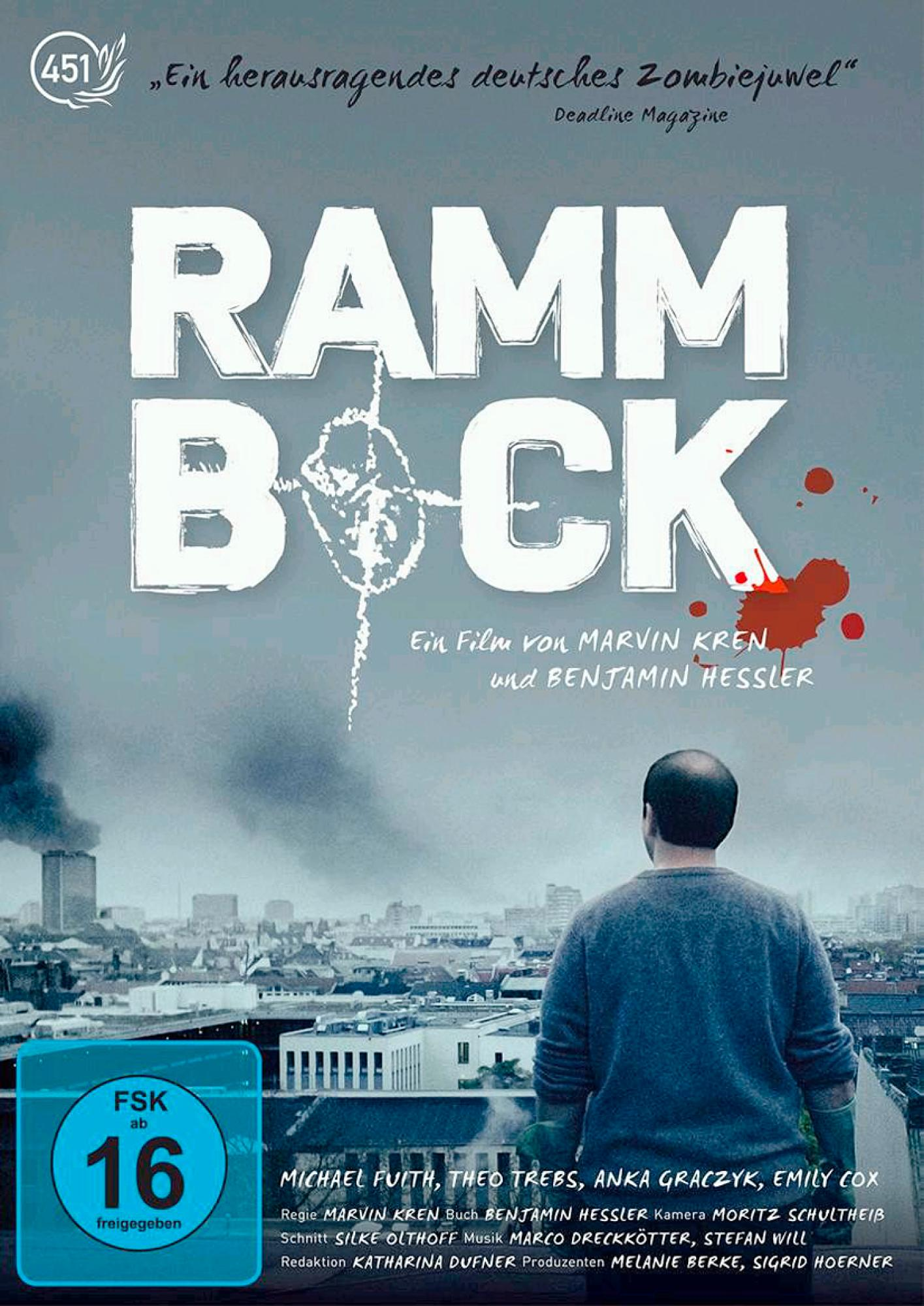 DVD-Cover von 'Rammbock' mit einem Mann auf einem Dach mit Blick auf eine Stadt, mit Text und Blut.