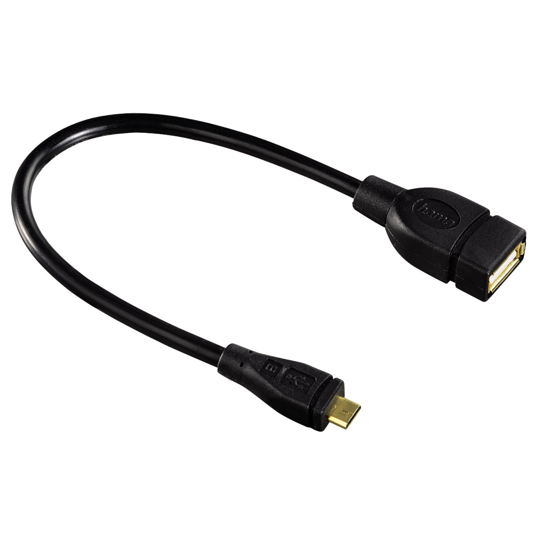 Fekete USB-A – Micro-USB kábel. A kábel fekete és hajlított formájú. A csatlakozók is feketék.