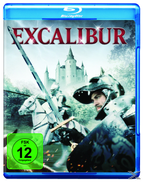 Blu-ray-Cover für den Film Excalibur. Ein Ritter auf einem Pferd mit einem Schwert. Blaue Hülle.