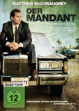 Mann sitzt auf einem Auto. Filmplakat mit Matthew McConaughey, Titel Der Mandant.