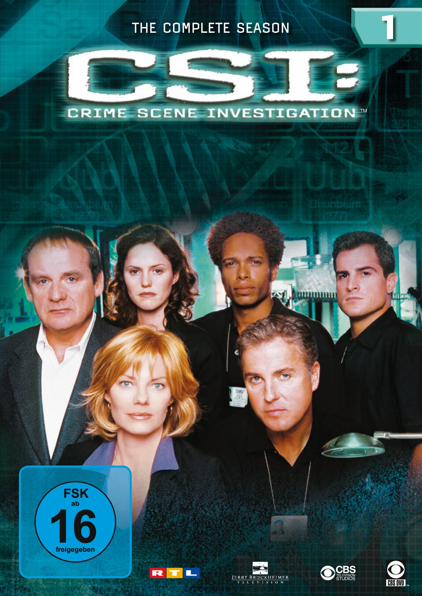 CSI-TV-Serien-DVD-Cover. Sechs Schauspieler im Vordergrund, CSI-Titel oben.