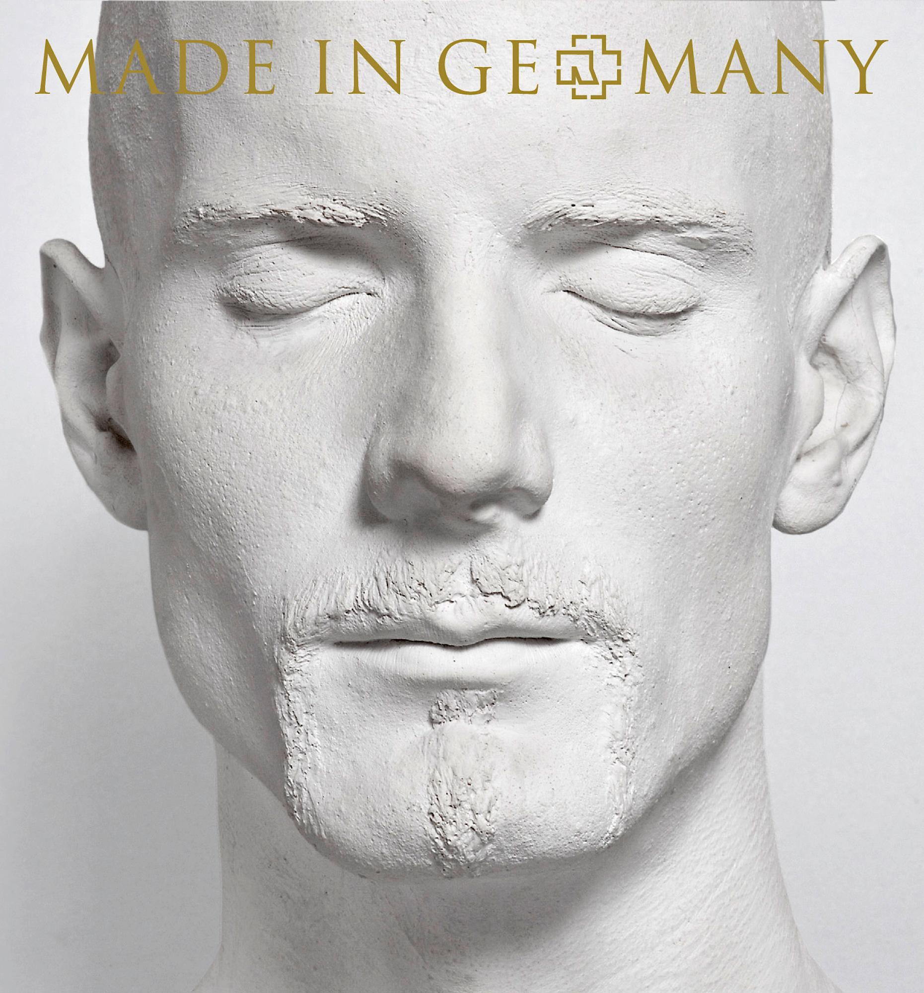 Rammstein-Albumcover, weißes Gipsgesicht, geschlossene Augen, Ziegenbart.